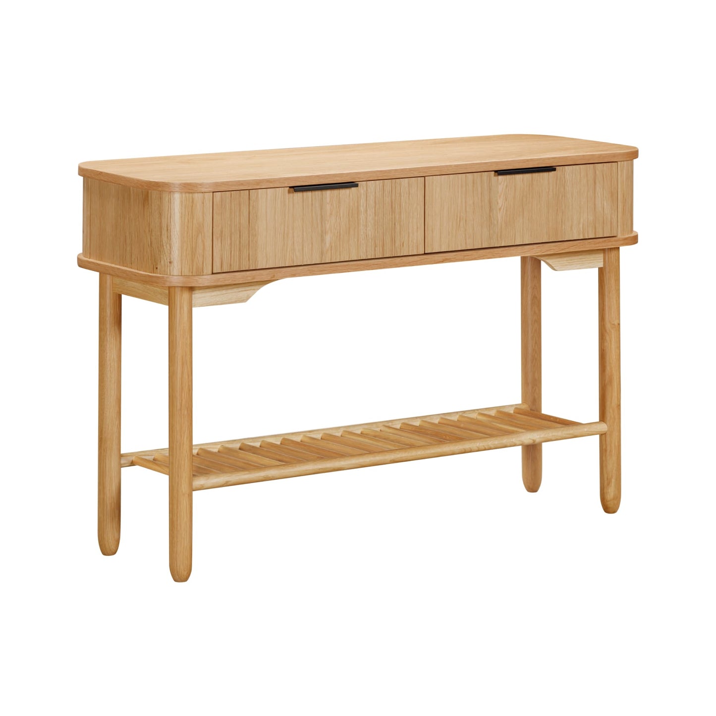 angle view on the oak console table with drawers