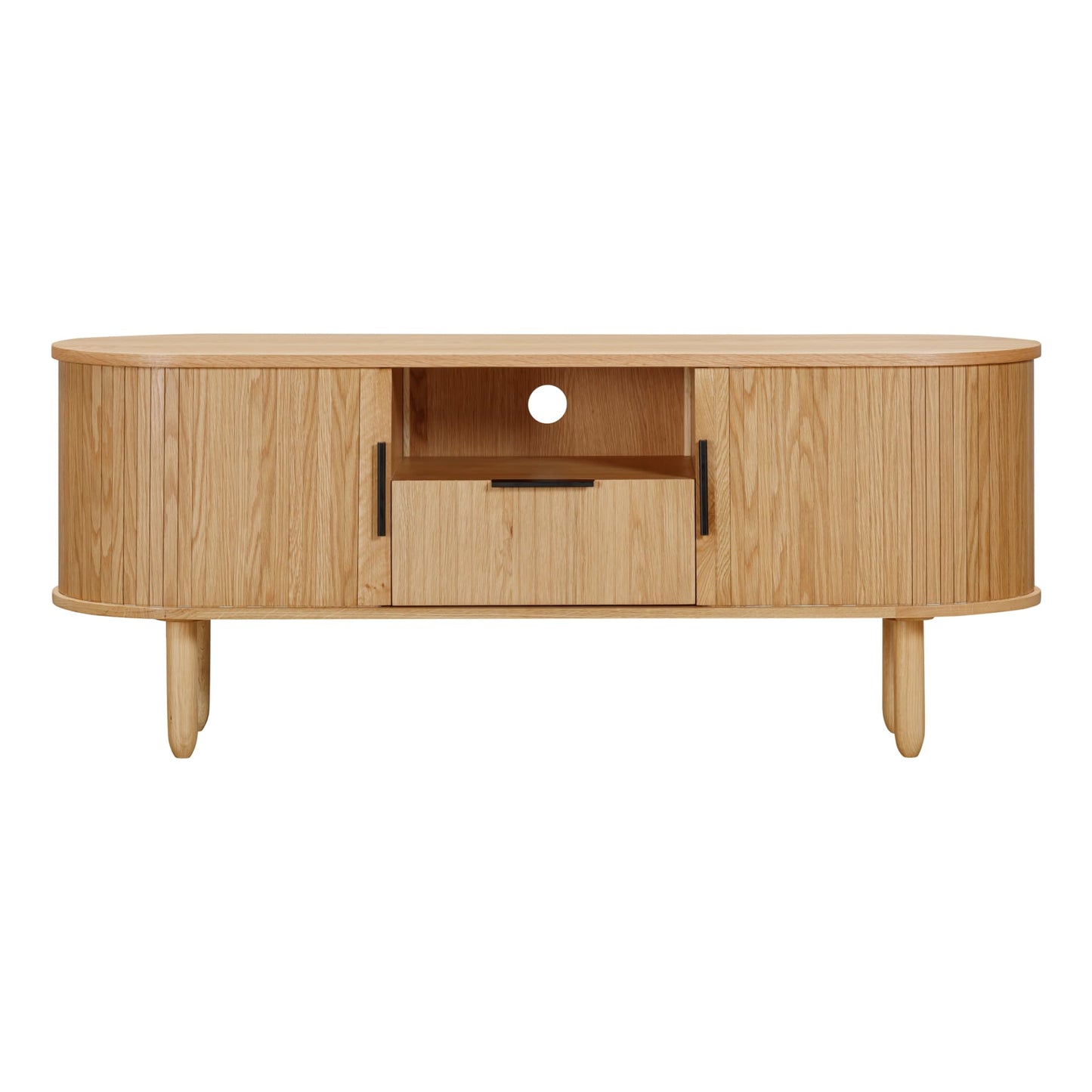 front view on a standard sized wooden tv stand with storage