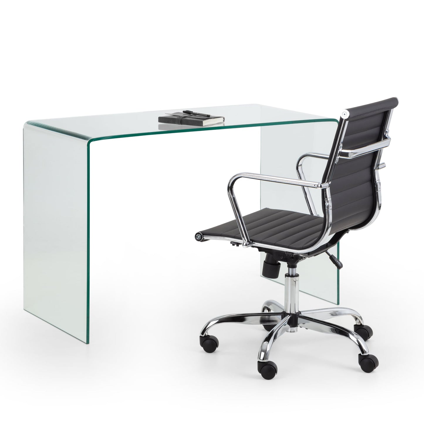 Clear glass desk is presented next to an office chair on white background without distractions.