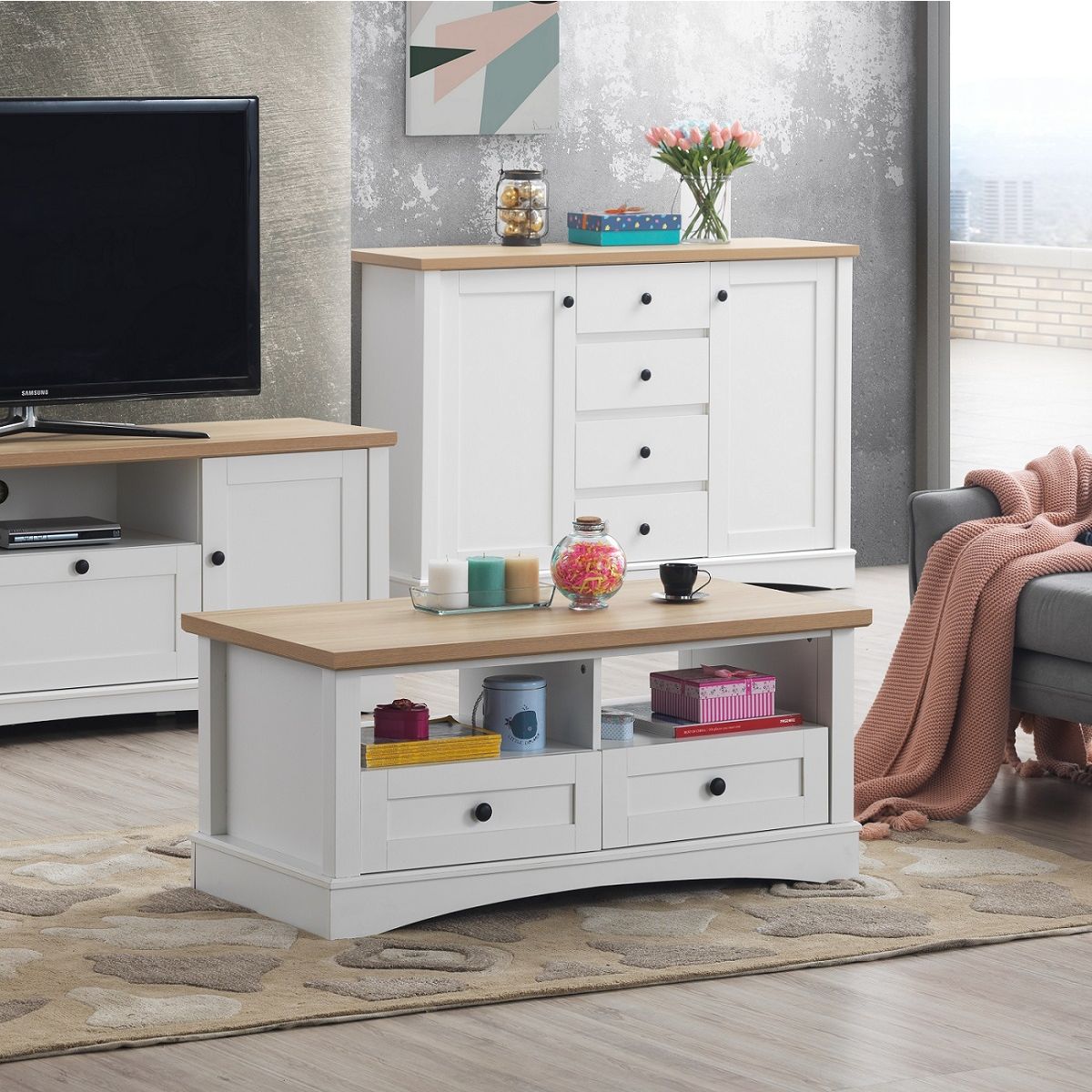 Carden Coffee Table 2 Drawers - White & Oak