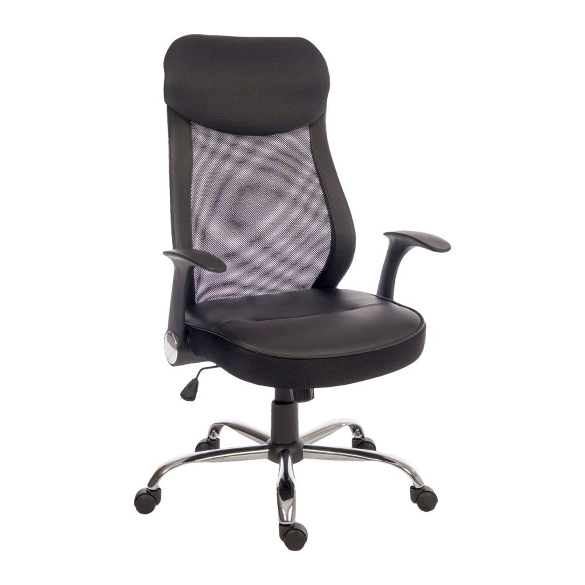 black office chair with headrest and armrests on white background