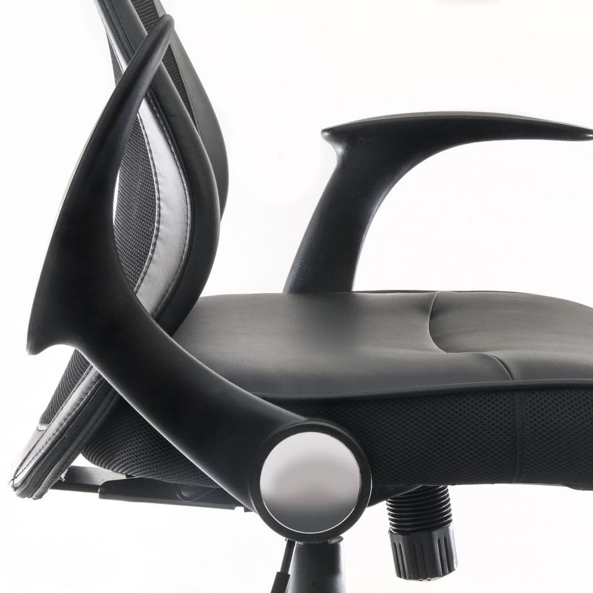 close look on retractable armrests of the office chair as well as seating fabric