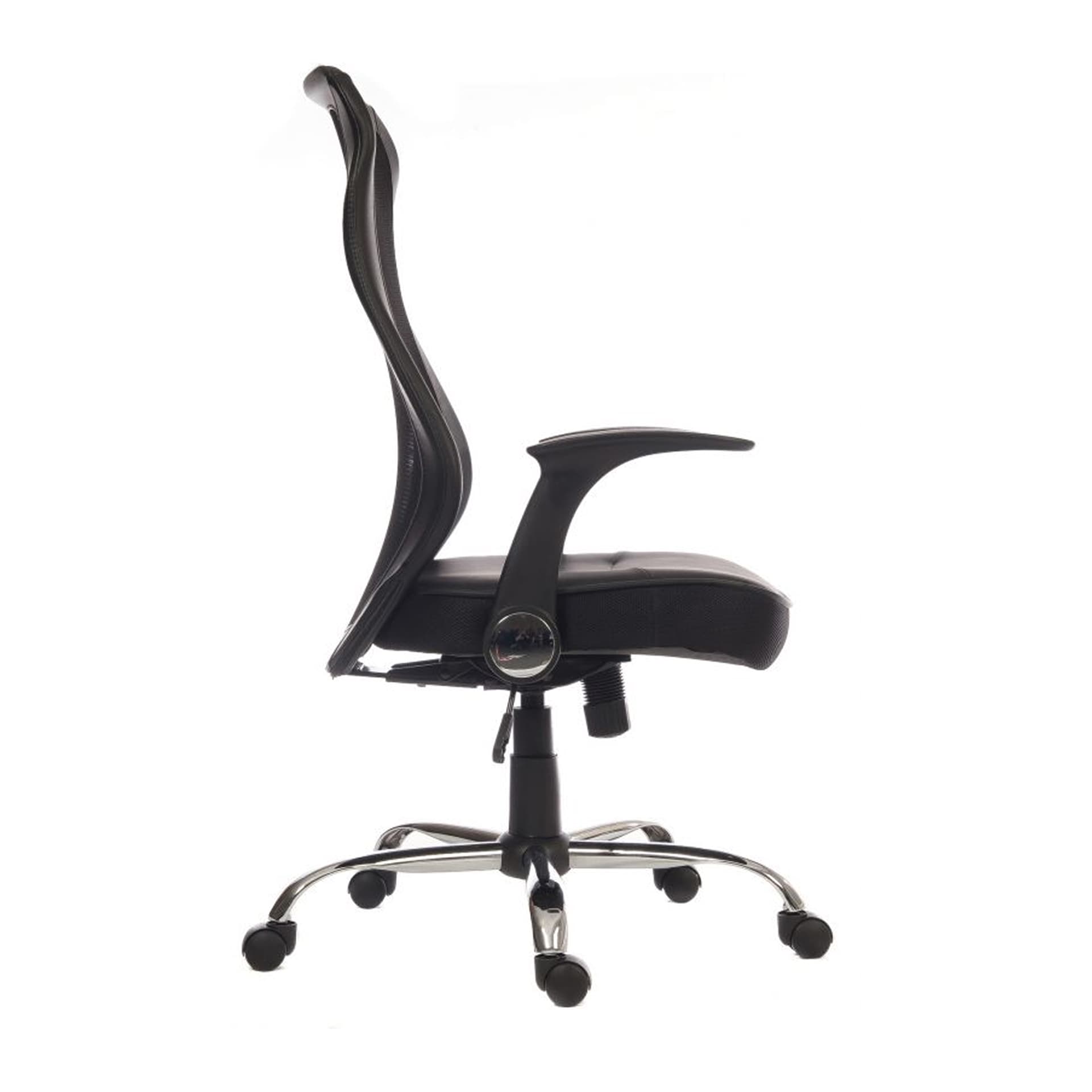 side view on the curved back office swivel chair with headrest and armrests 