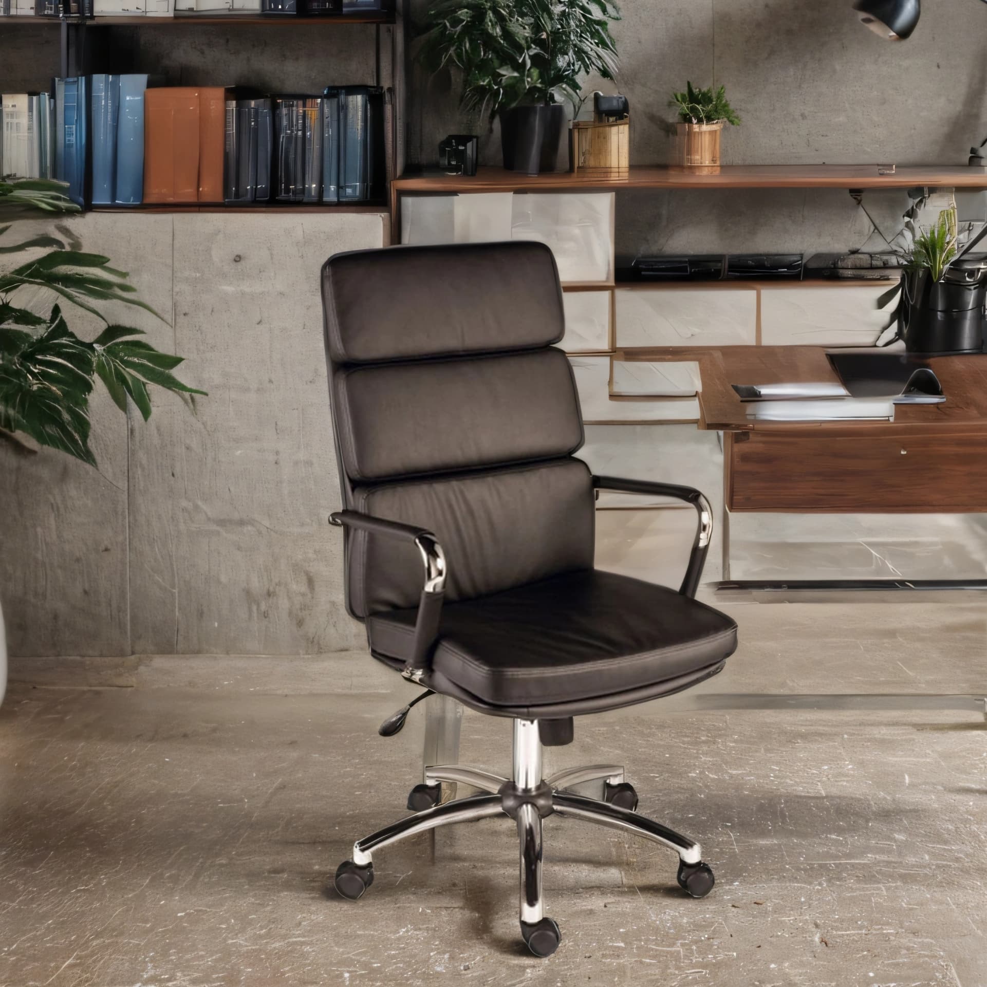 Black padded executive office chair is shown in AI generated office environment