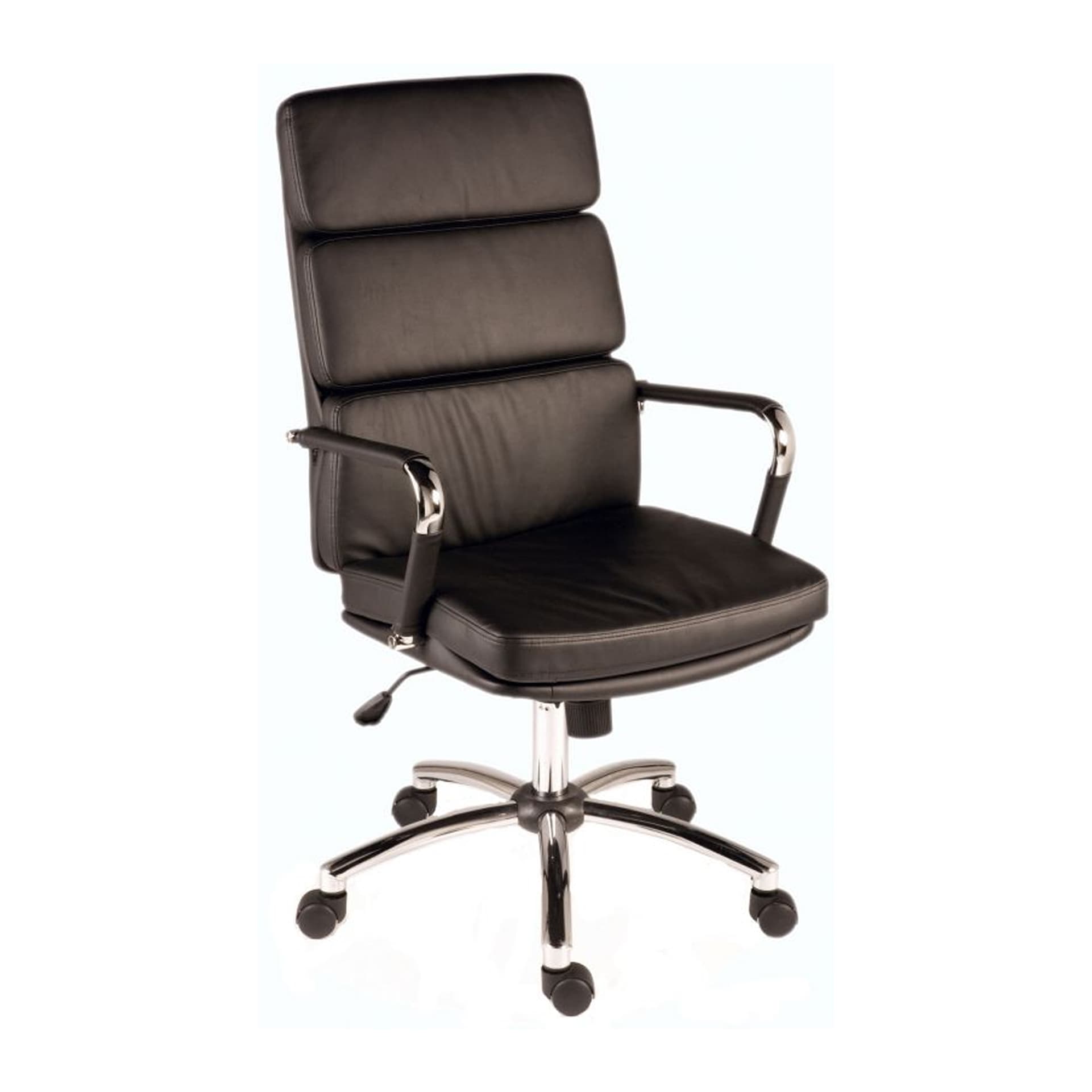 Black padded faux leather office chair shown on white background at an angle