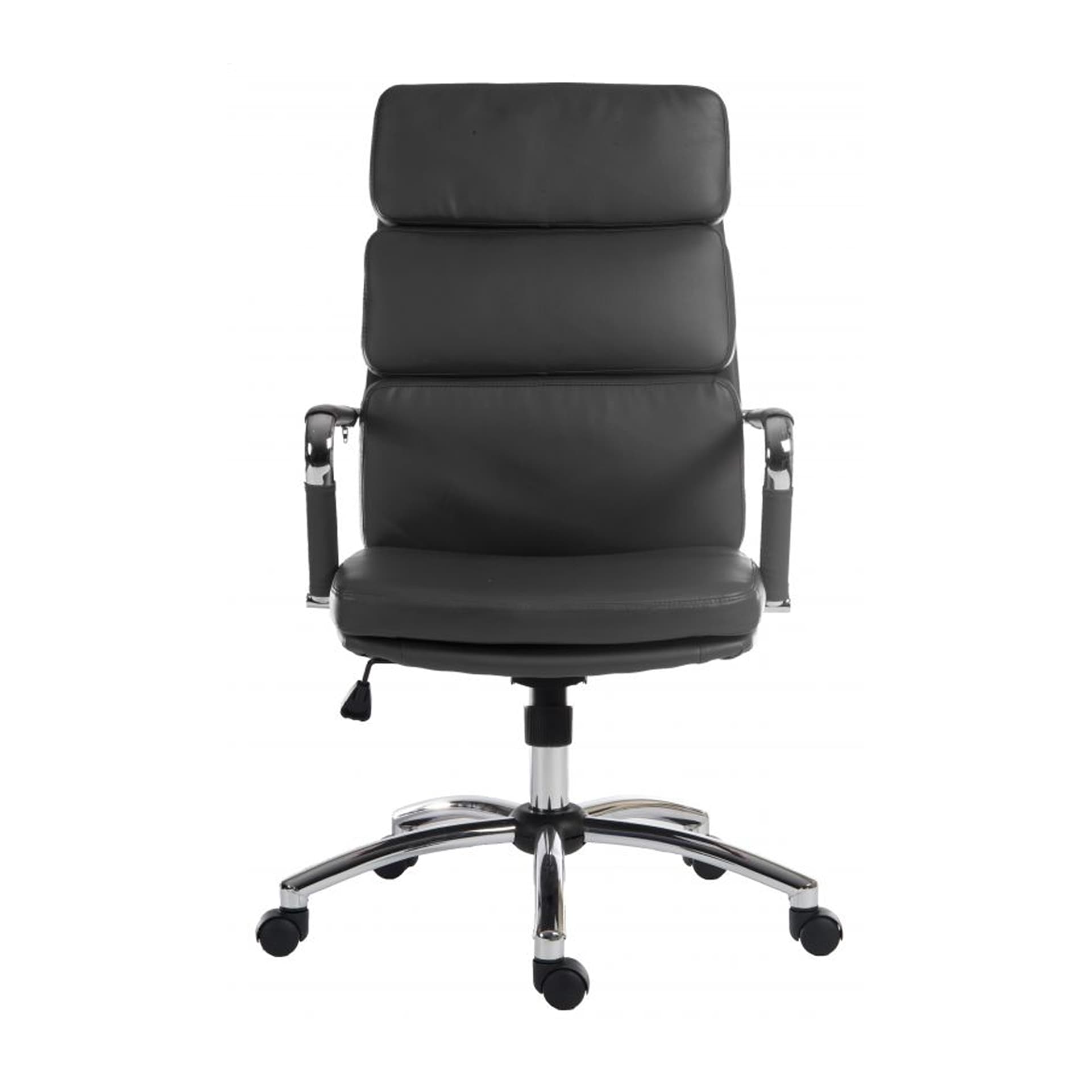 Front look on black swivel padded office chair
