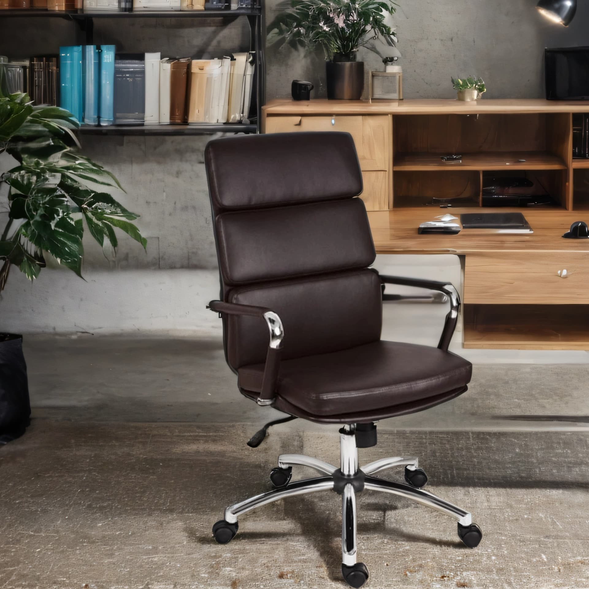 Brown padded executive office chair is shown in AI generated office environment