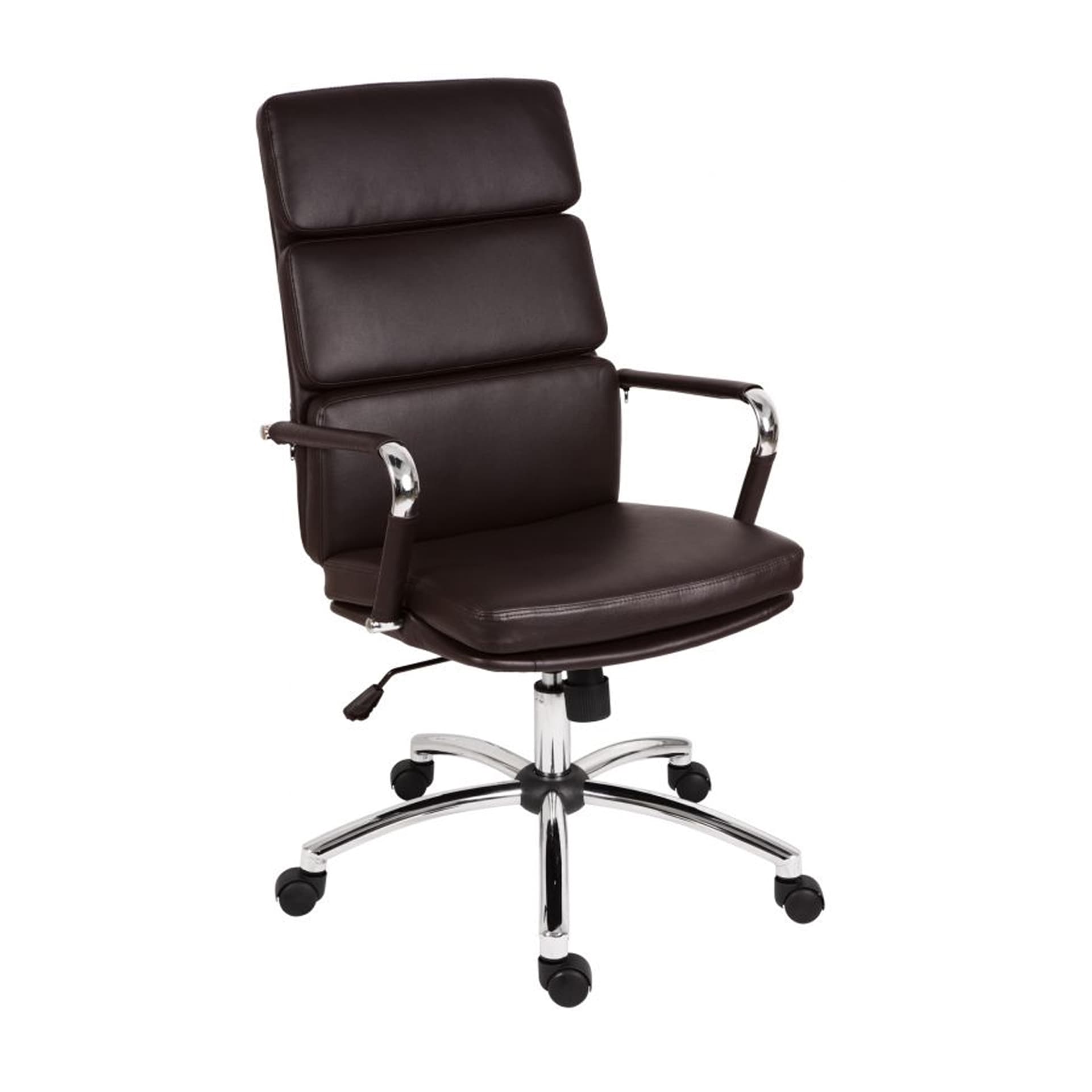 Angle view of the brown faux leather padded executive office chair