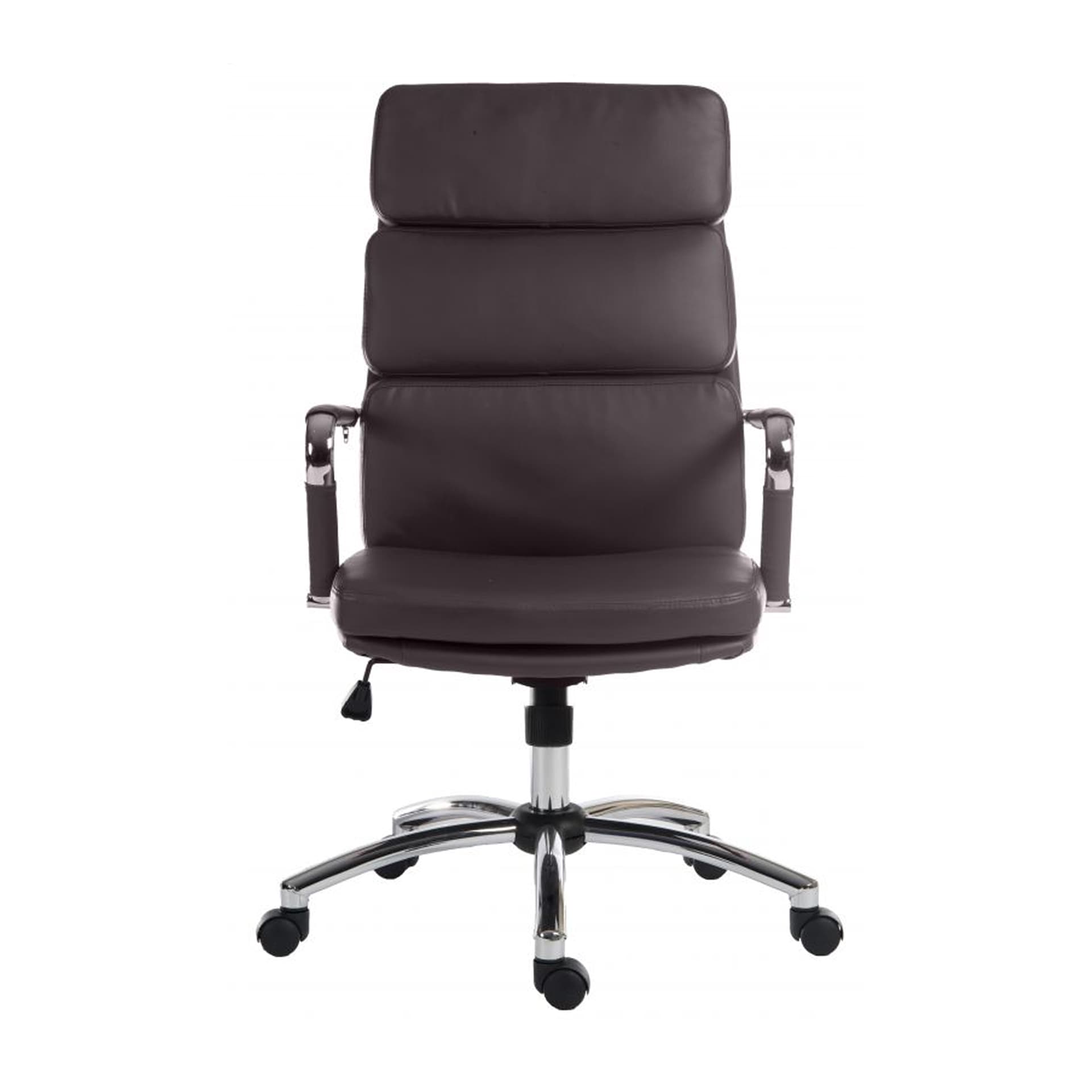 front look on brown office chair with faux leather padding on white background