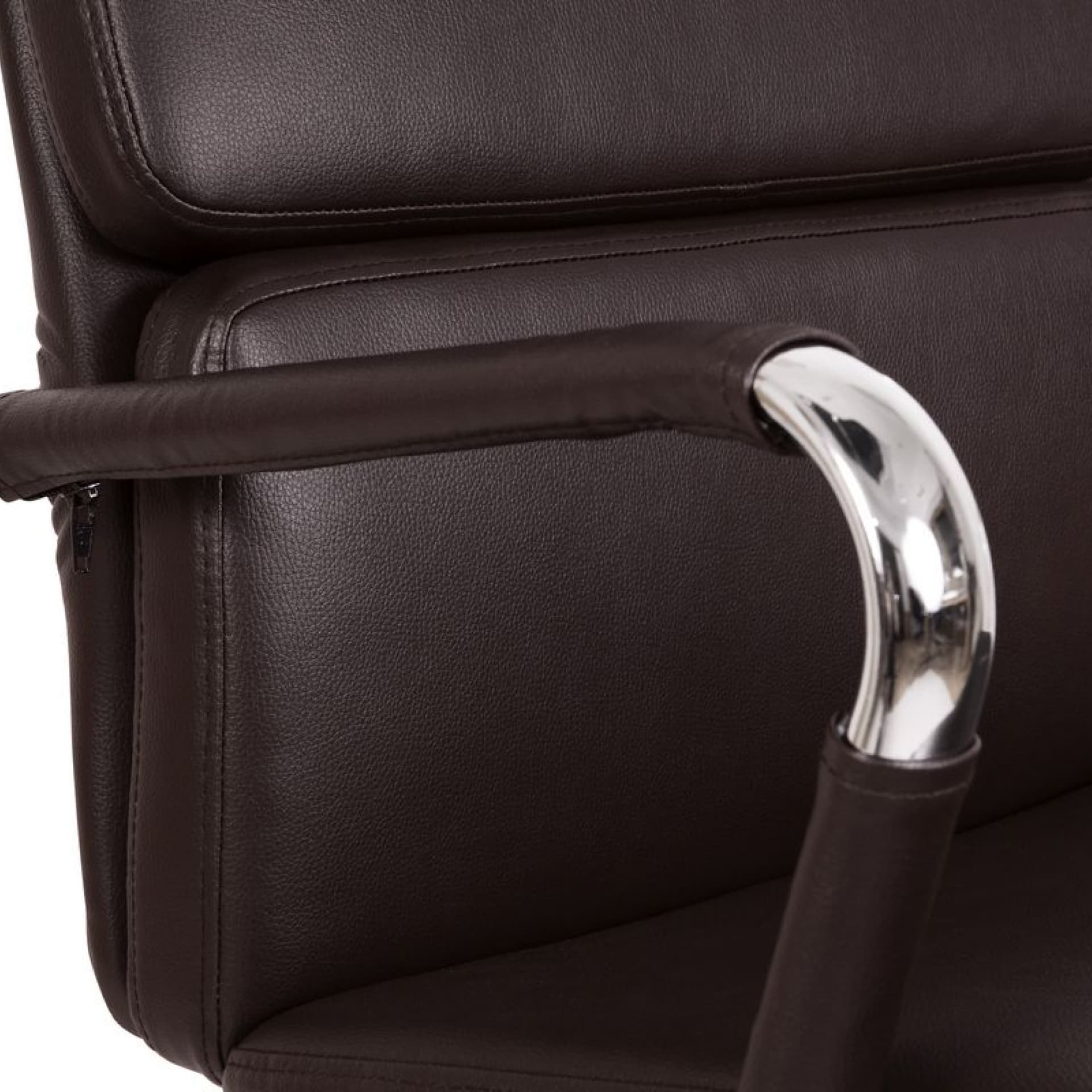 Close look on finishes of fabric and armrests on the brown version of the office chair