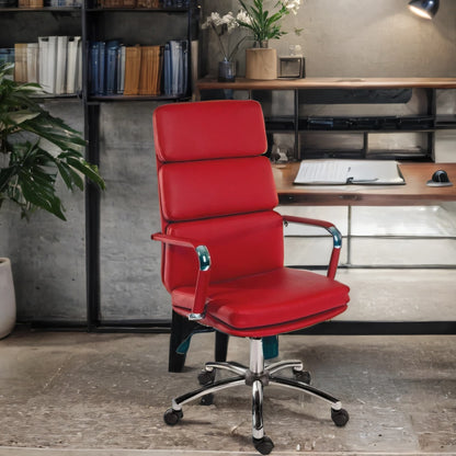 Red padded executive office chair with armrests is shown in AI generated office environment