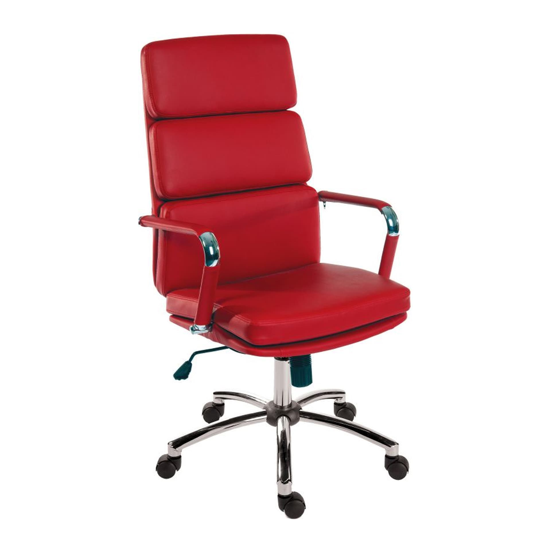 red padded swivel office chair on white background