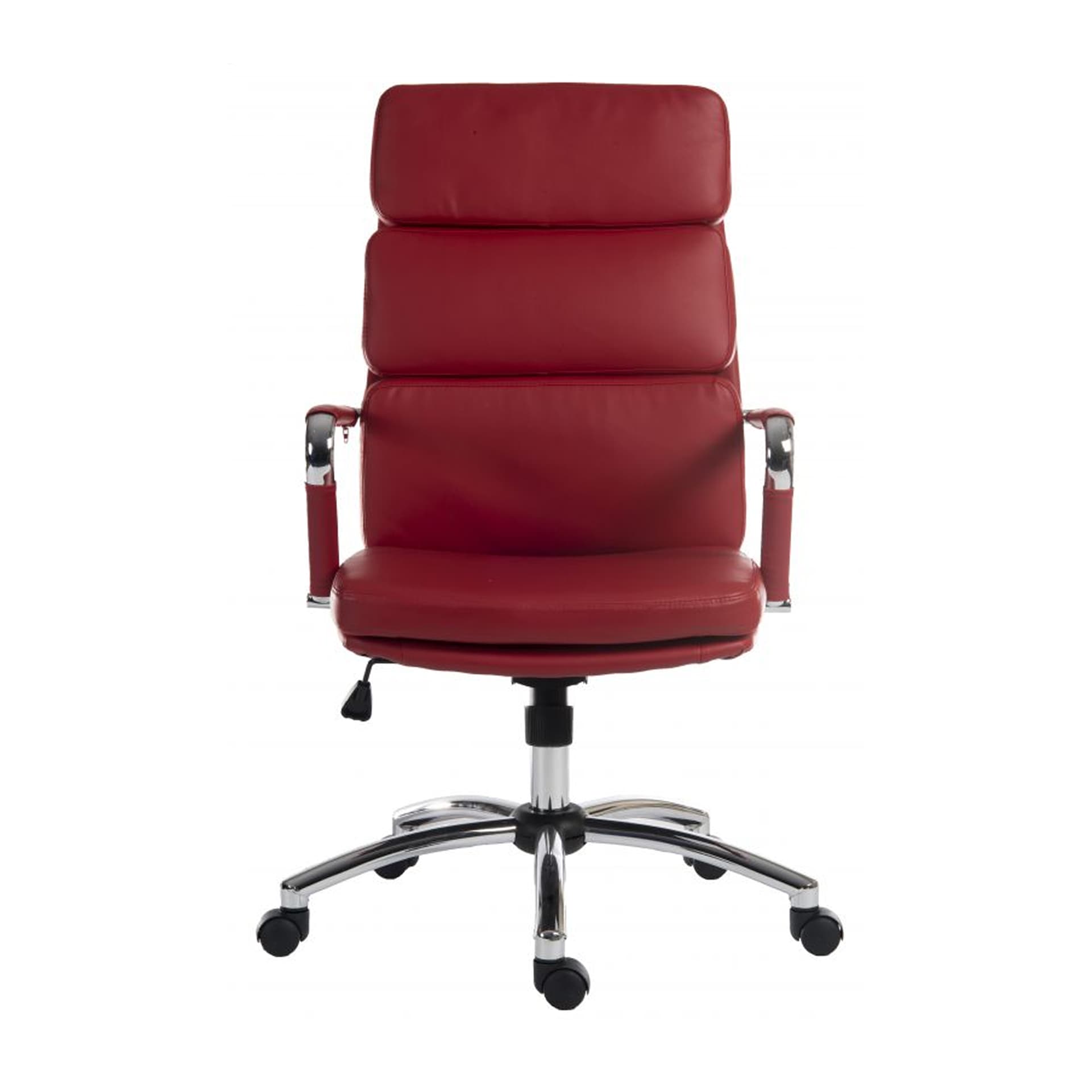 red faux leather office chair on white background