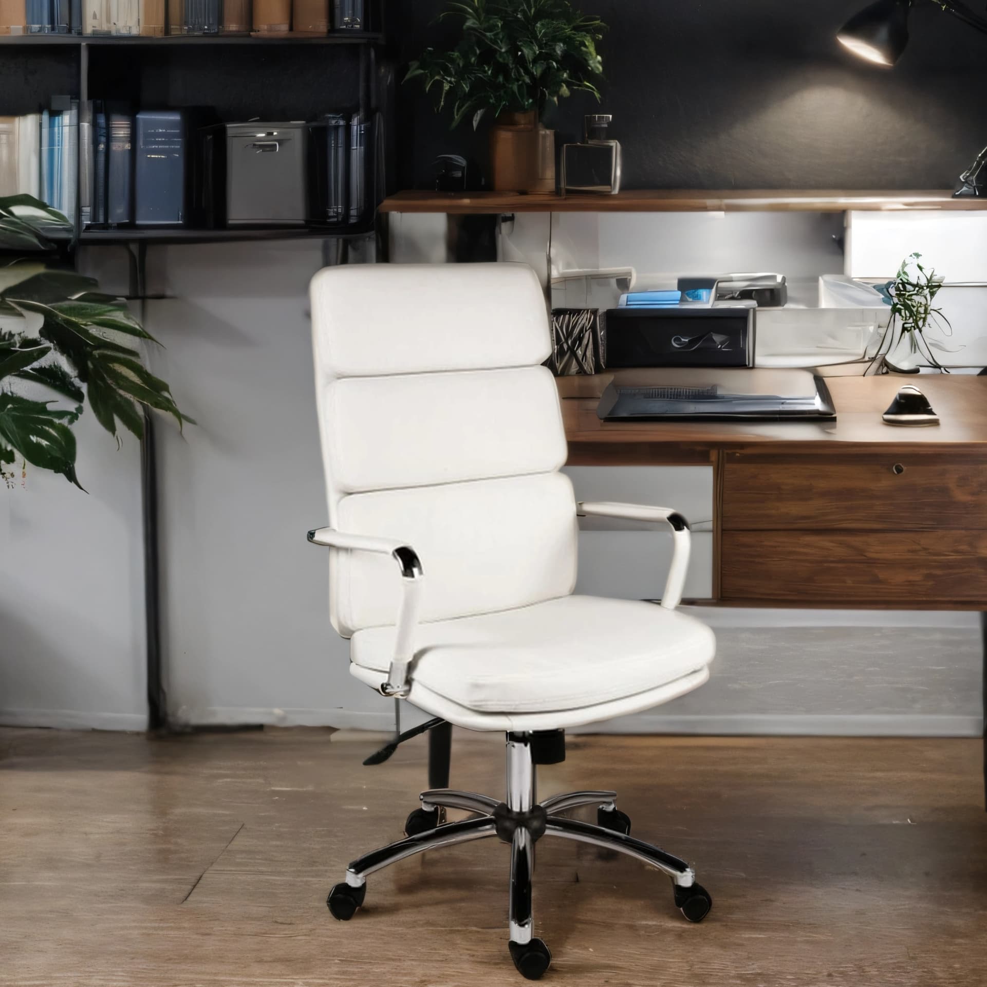 White padded high back executive office chair is shown in AI generated office environment