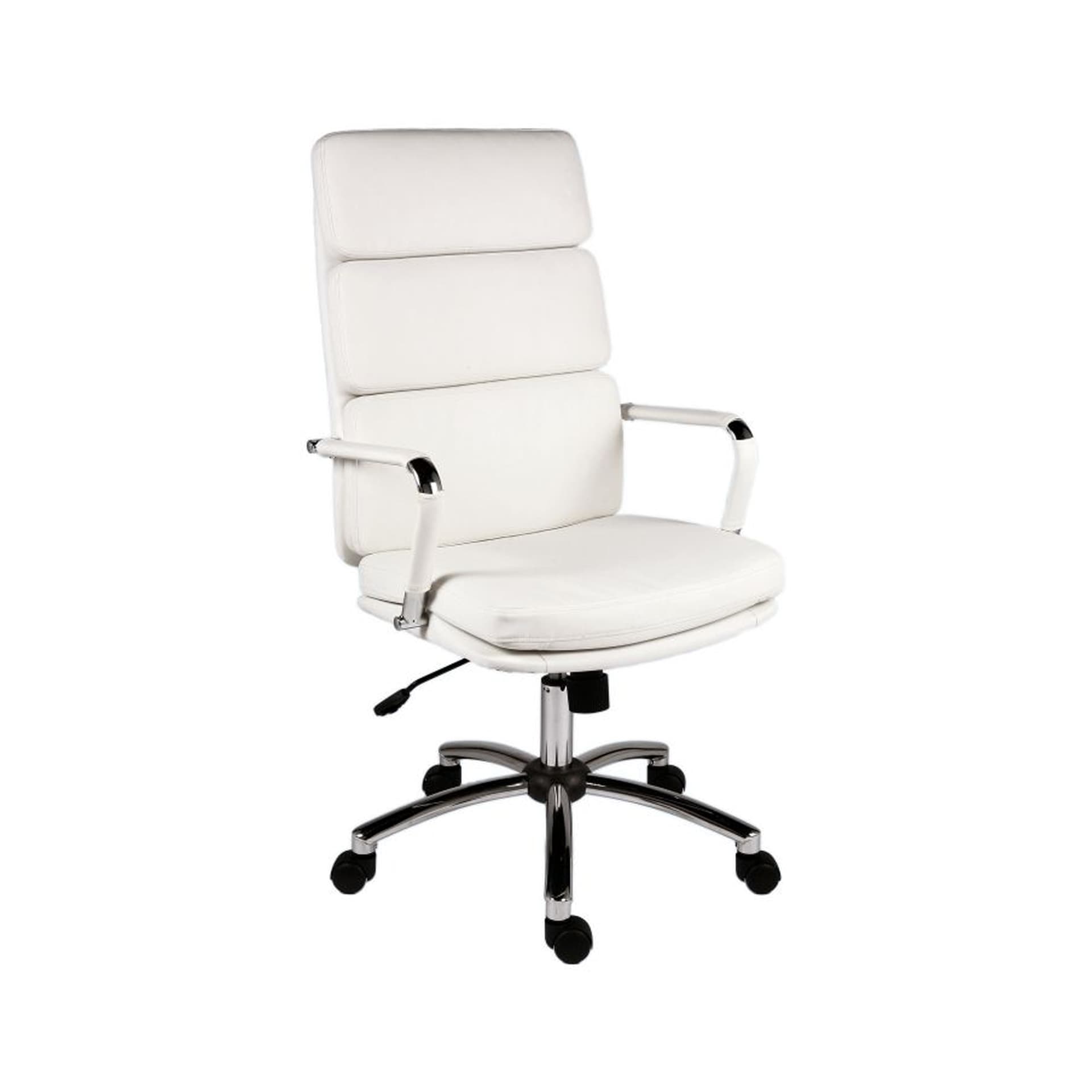 white faux leather office chair with armrests is shown on white background
