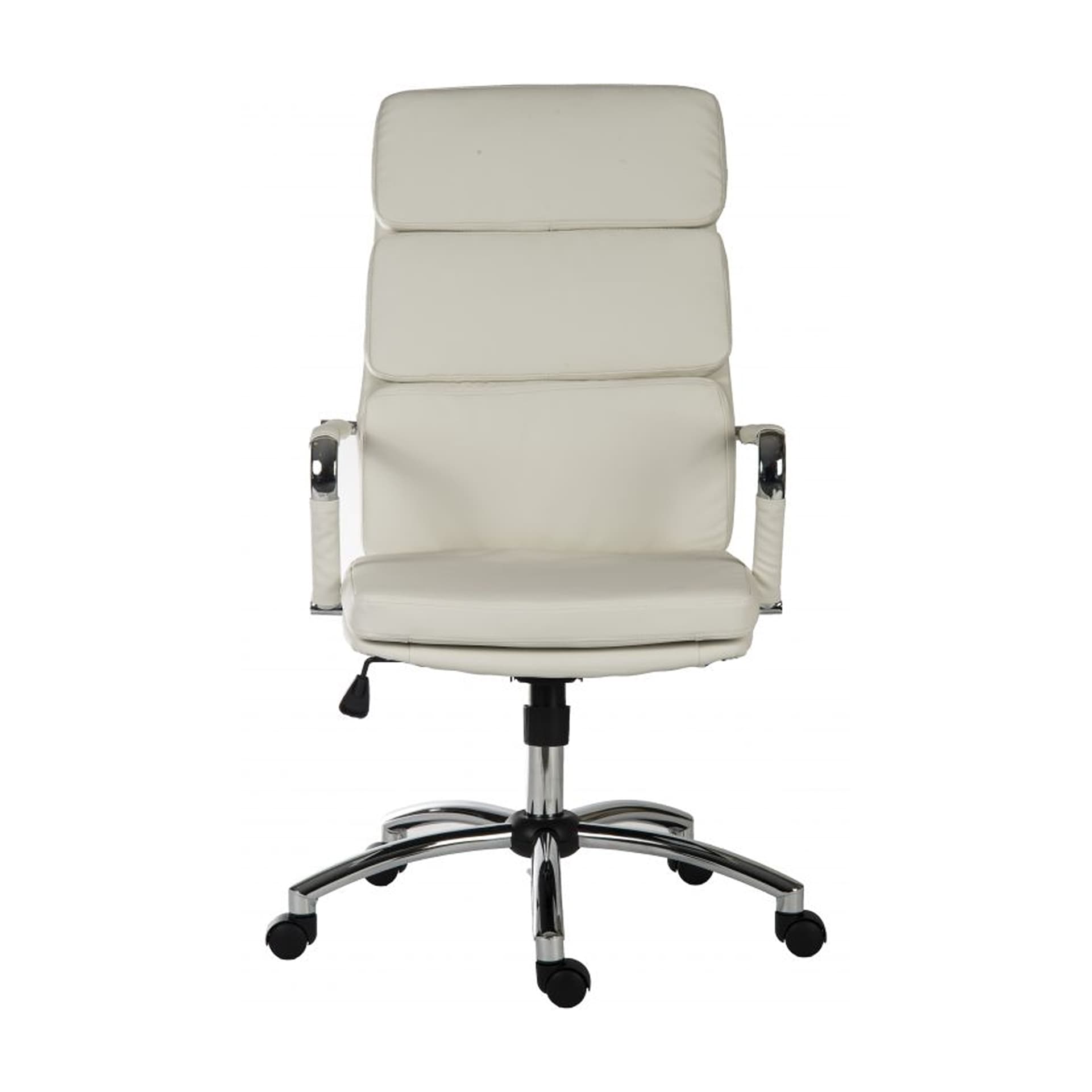 front look on white padded faux leather office chair