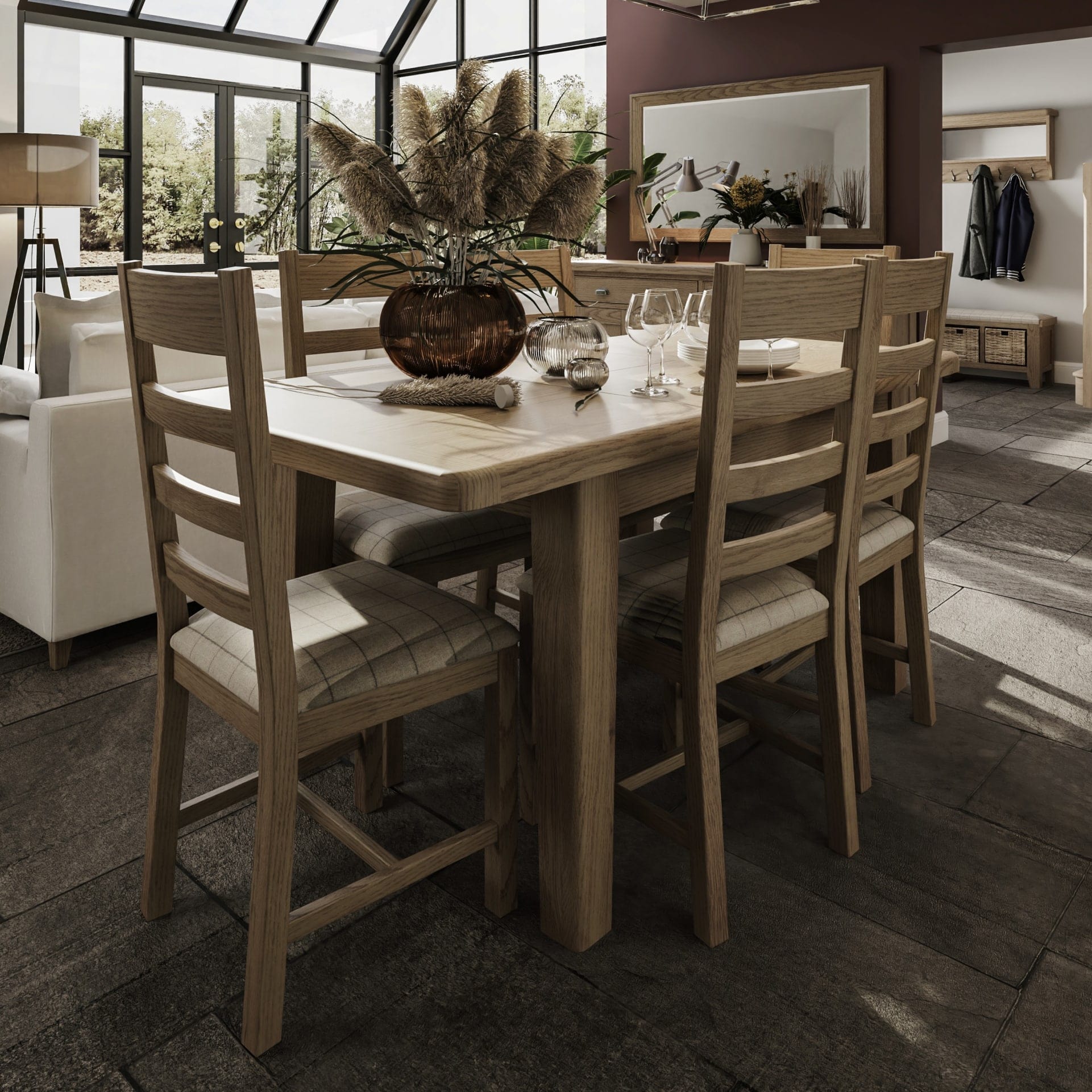 1.3m Extending Dining Table in Smoked Oak colour set with 6 slated dining chairs and beautiful table setting