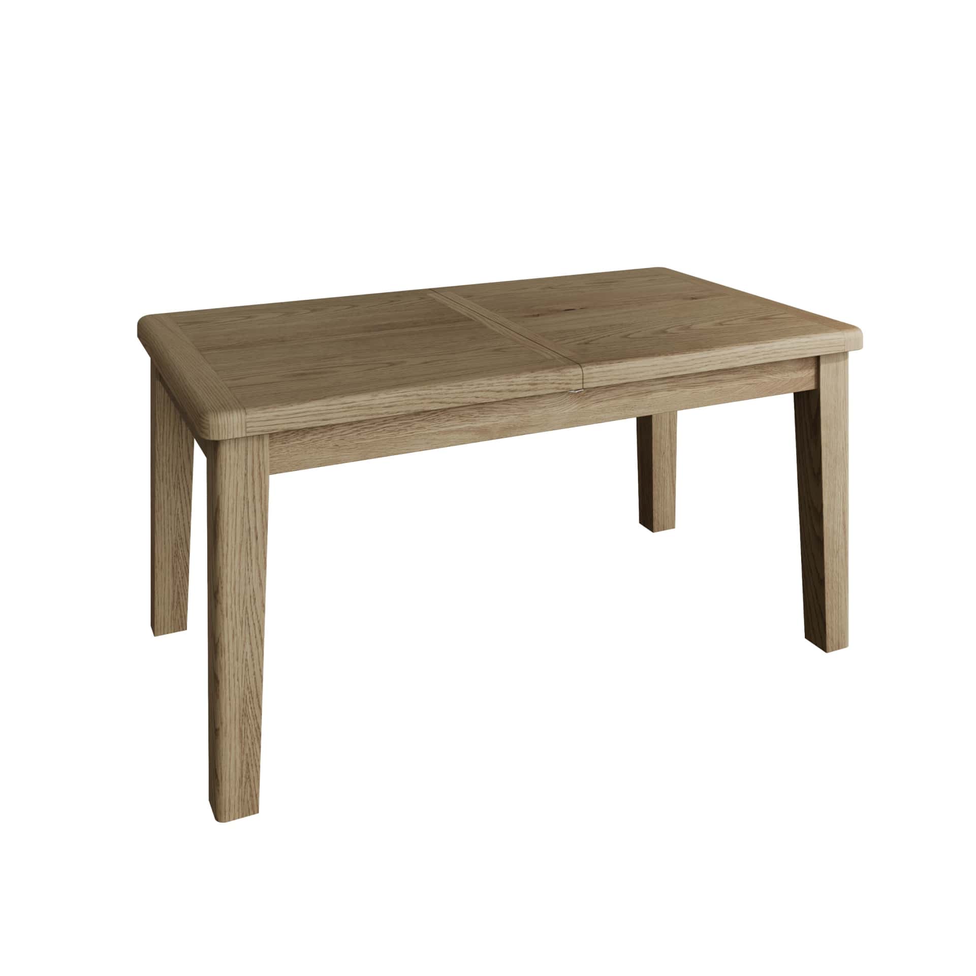 Oak extending dining table at an angle locked in standard position.