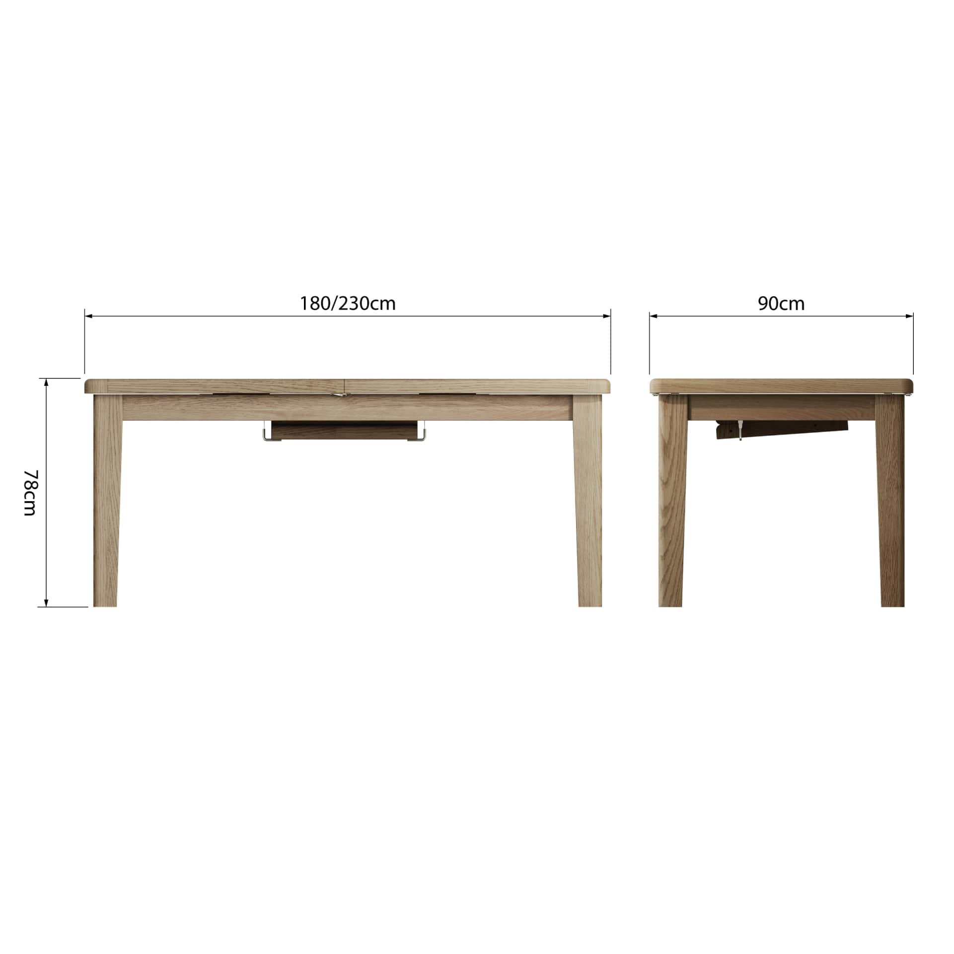 1.8m Oak Extending Dining Table with dimension details.