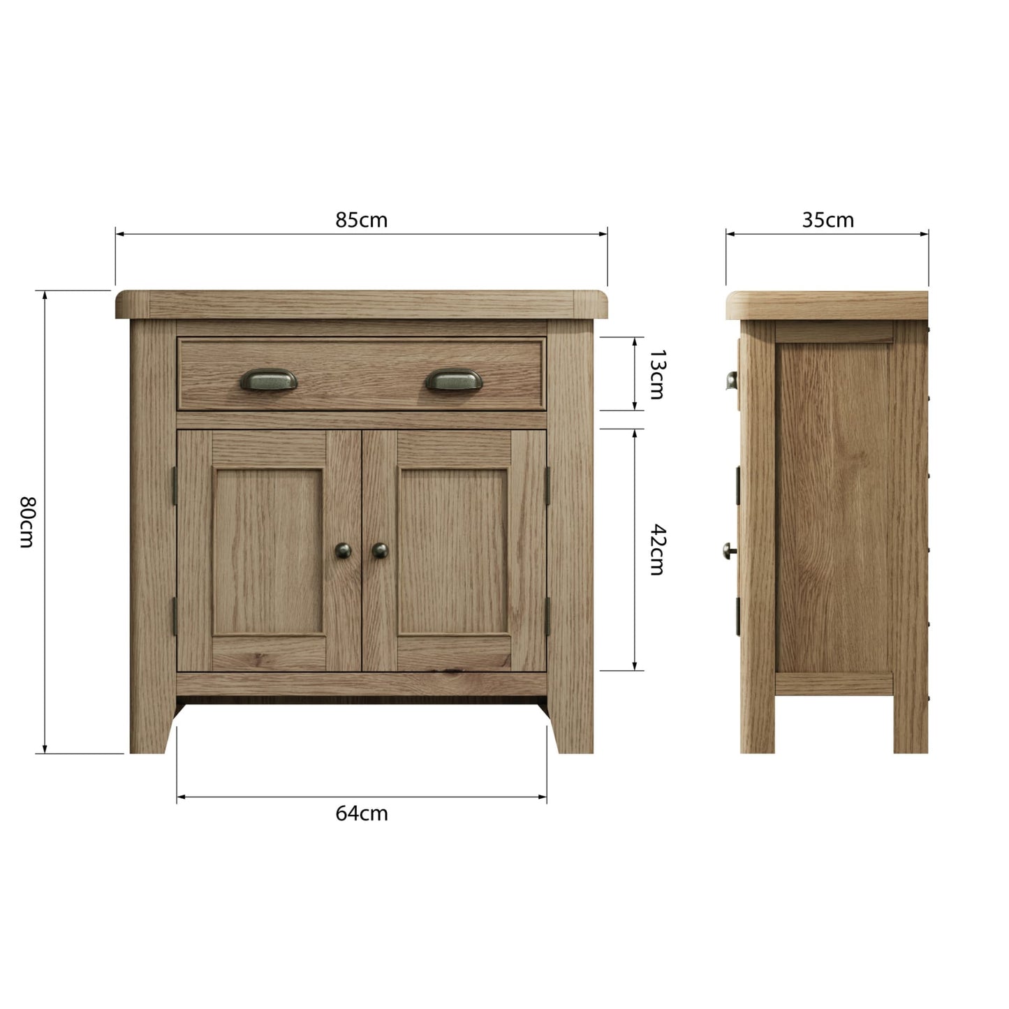 1 drawer 2 door sideboard shown from two sides with dimension details