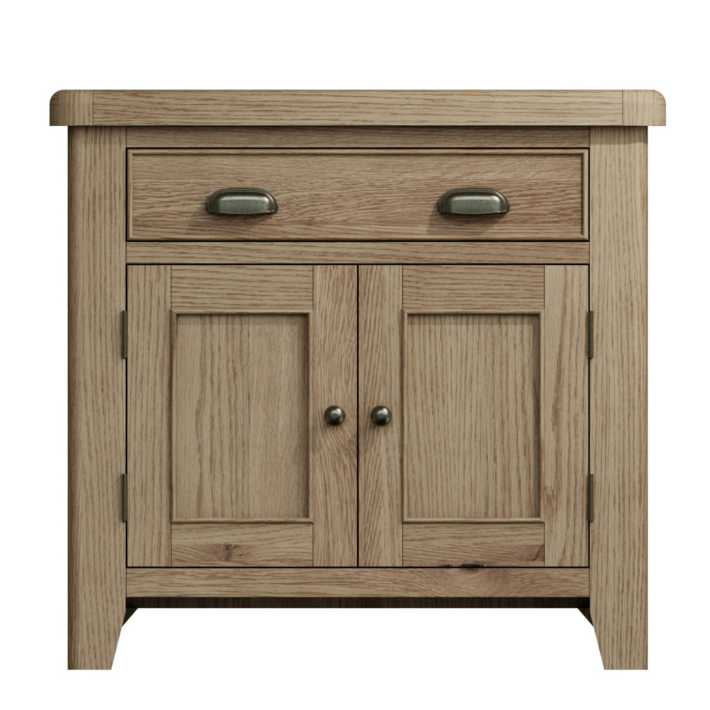 Small oak sideboard shown from the front with 1 drawer and 2 doors