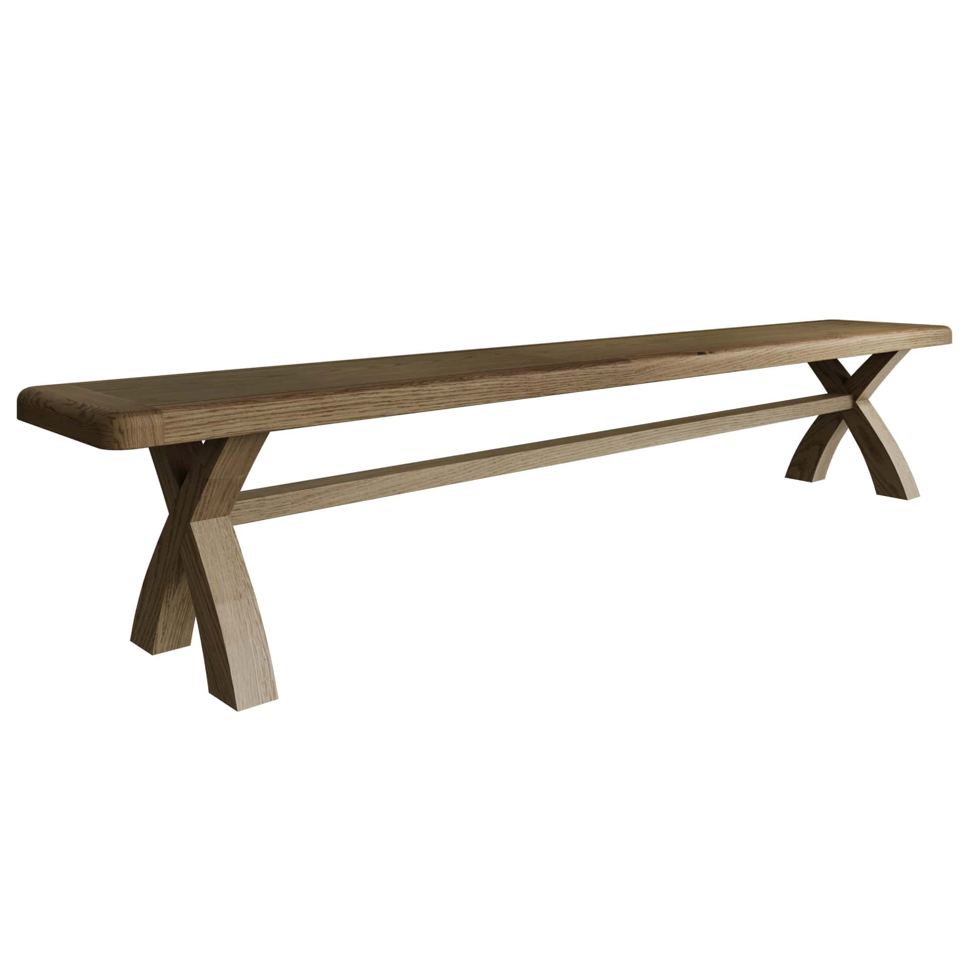 2.5m cross leg dining bench in smoked oak colour shown in full length from the side