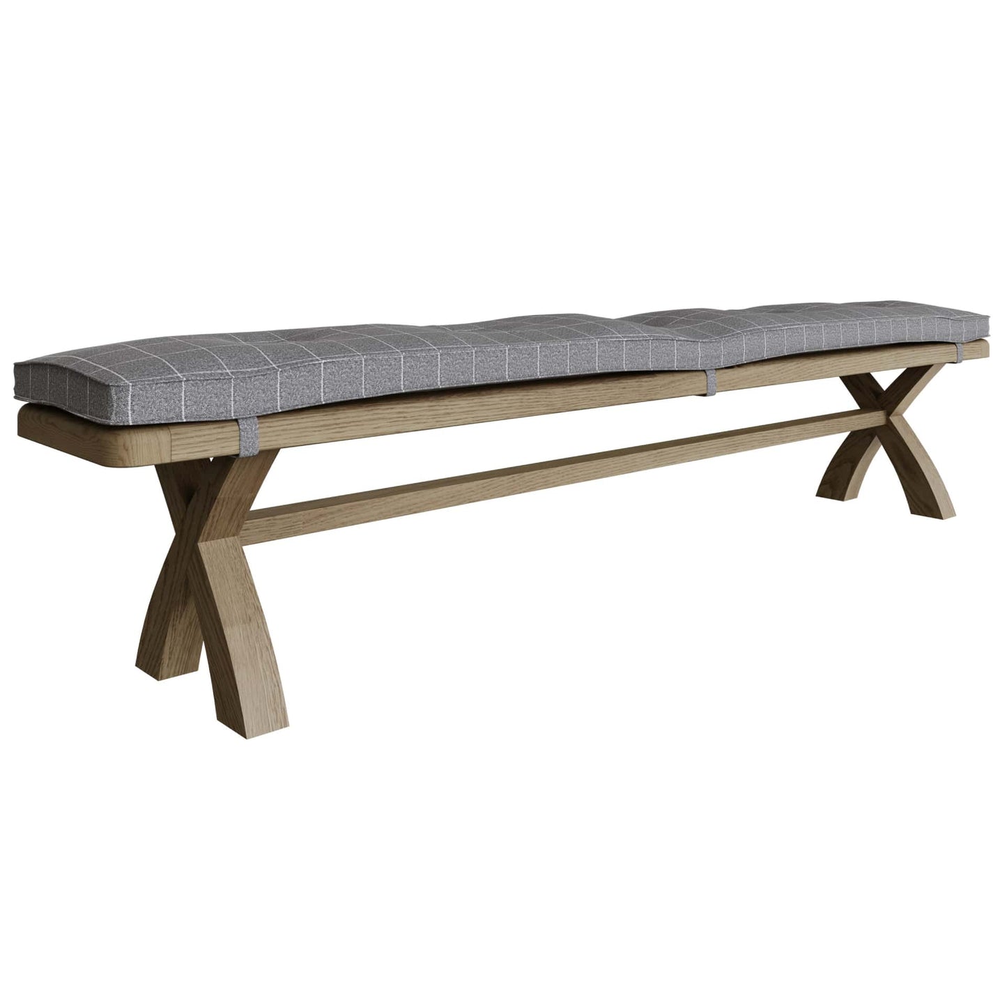 2.5m oak trestle dining bench with grey cushion on top