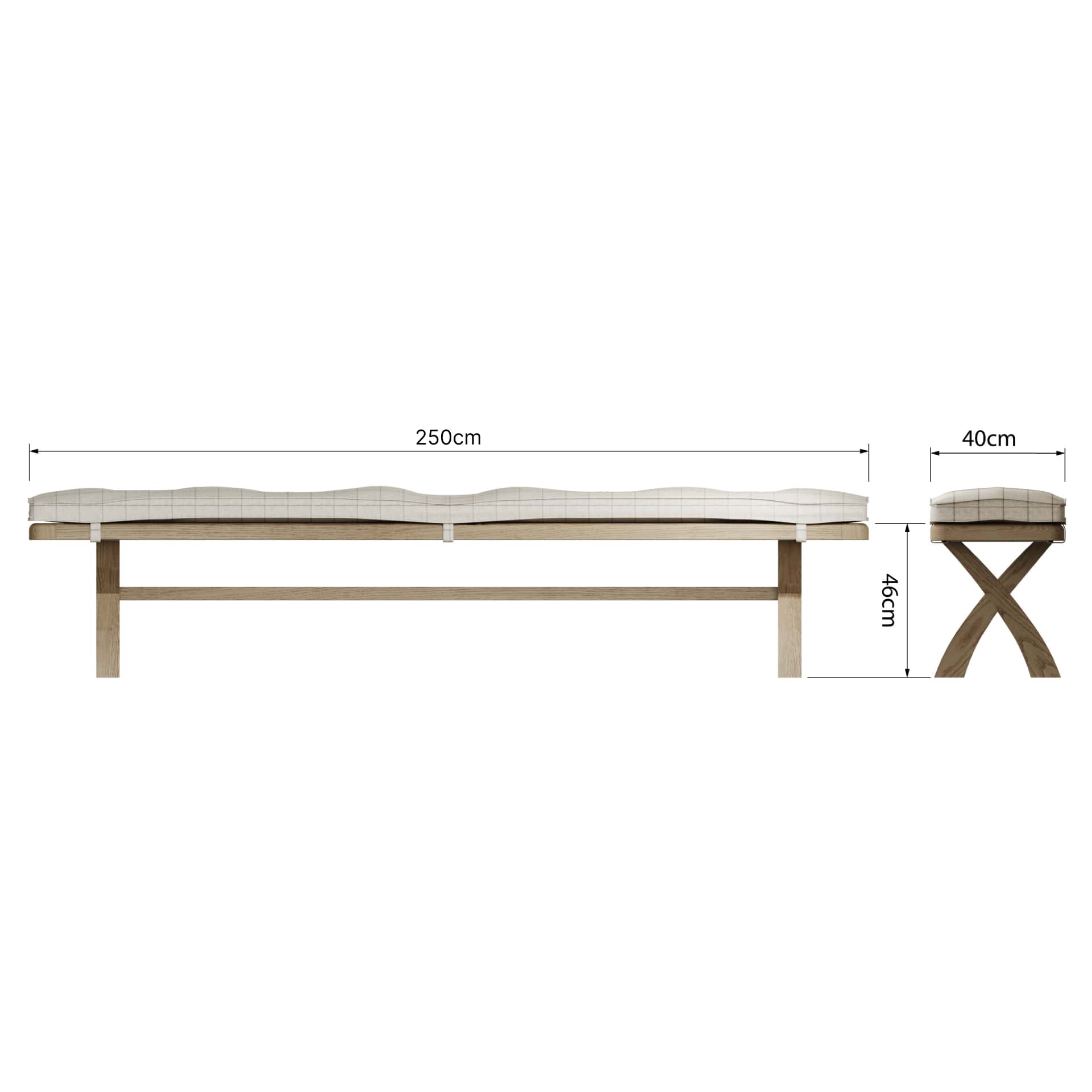 Cross leg dining bench with a beige cushion shown from both sides with dimension details