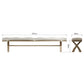 Cross leg dining bench with a beige cushion shown from both sides with dimension details