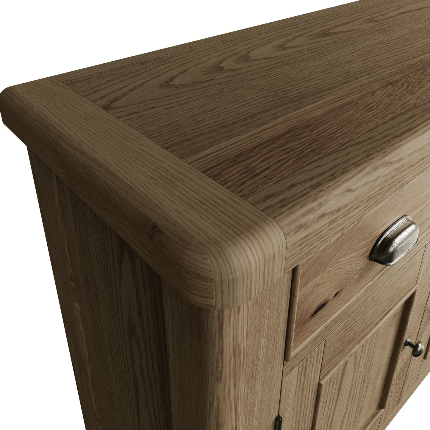 Close view on a standard oak sideboard top, rounded corners and edges