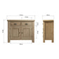 2 drawers 2 door sideboard shown from two sides with dimension details