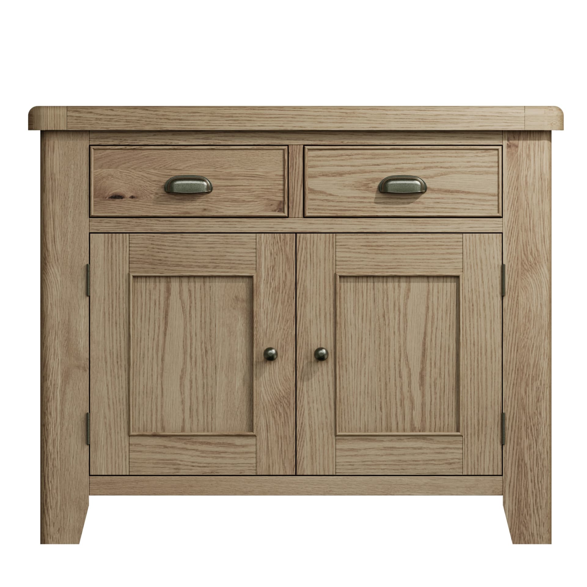 Standard oak sideboard shown from the front with 2 drawers and 2 doors