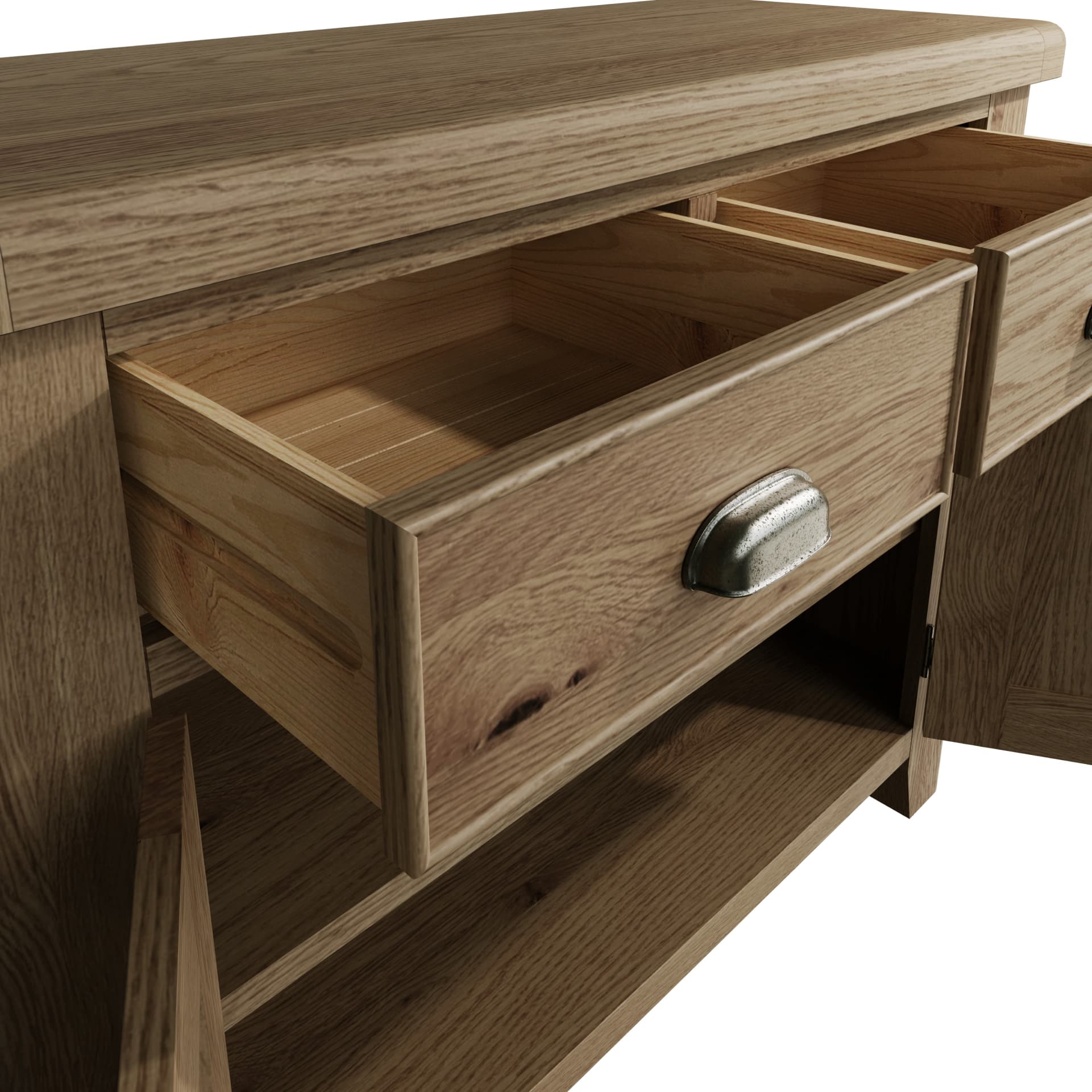 2 drawers 2 door sideboard is shown with open drawers revealing the space available for storage inside and the sliding mechanism