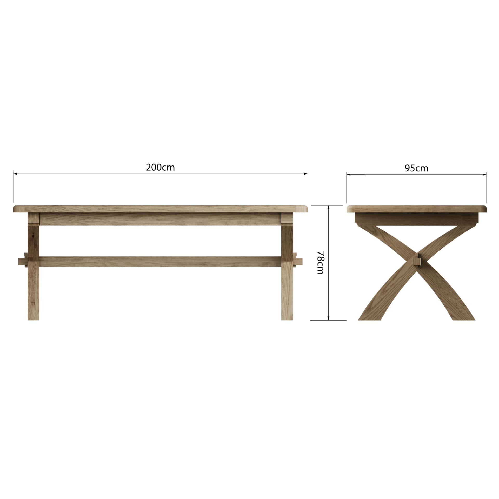 2m oak cross leg dining table shown from both sides with dimensions details