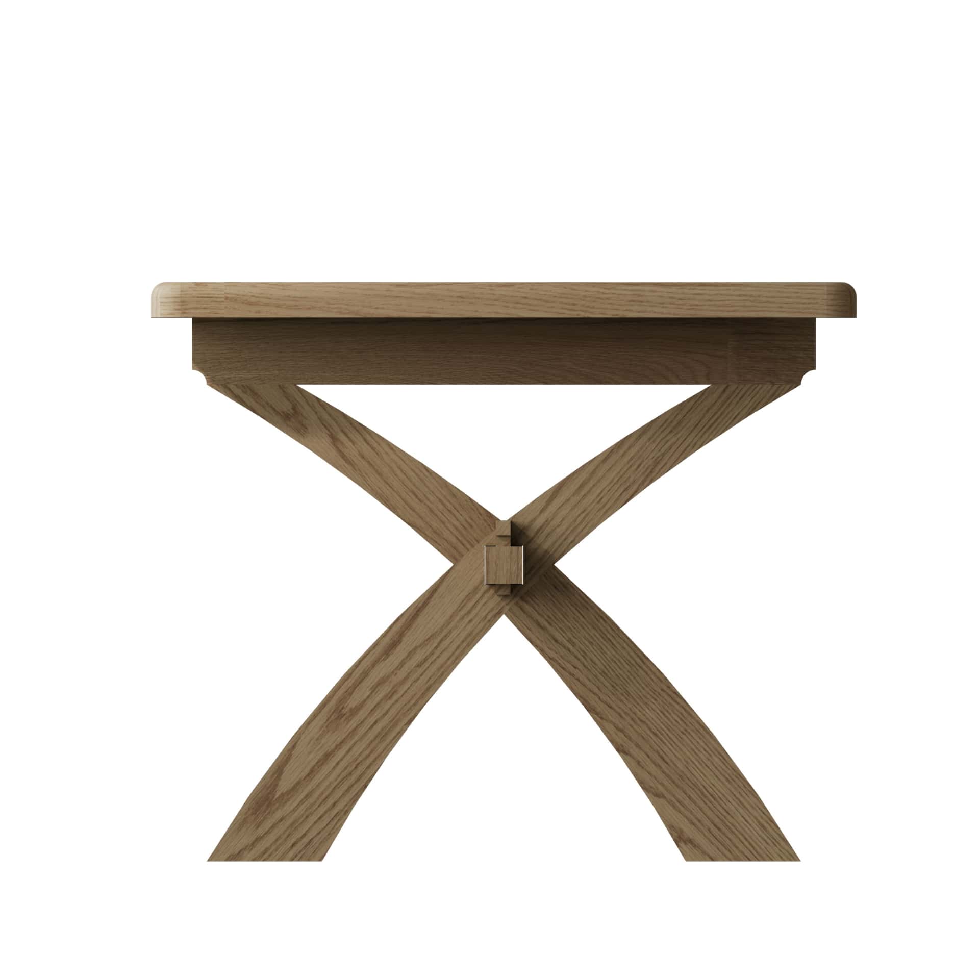 oak cross leg dining table shown from shorter side. Clearly visible cross leg structure a beam support