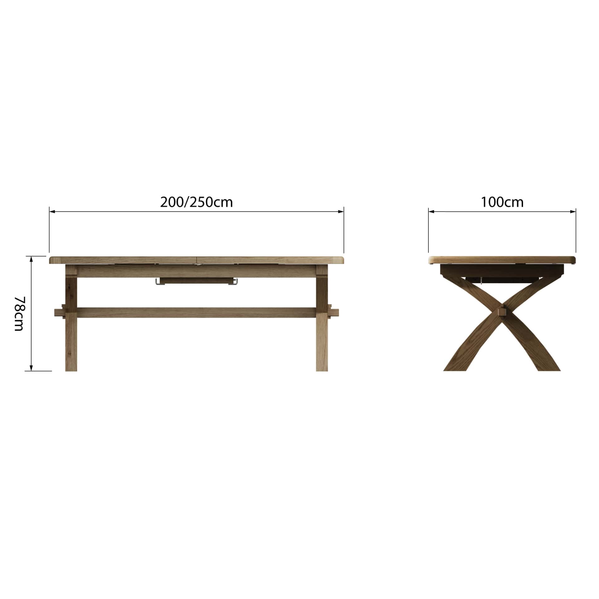 Cross leg trestle extending dining table. View from both sides with dimensions.