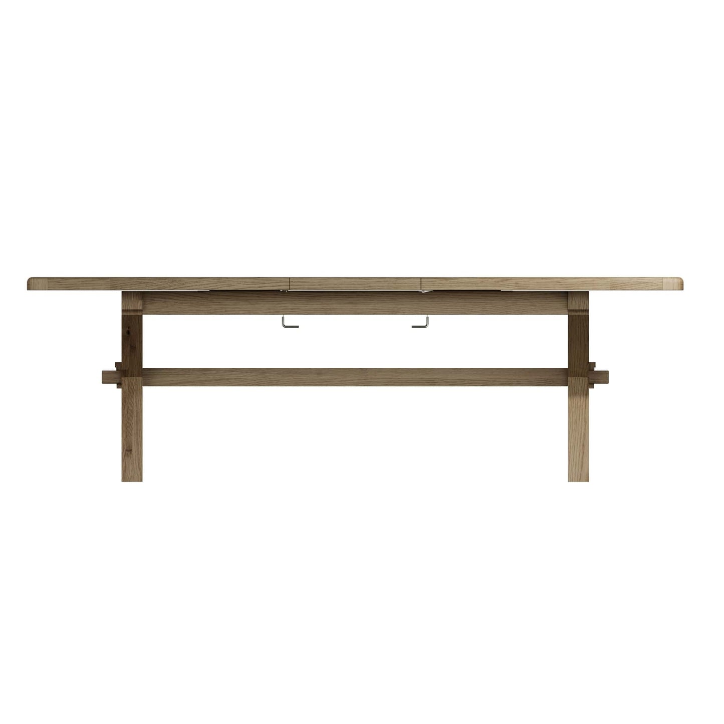 Oak trestle extending dining table in fully extended position (2.5m). Side view 