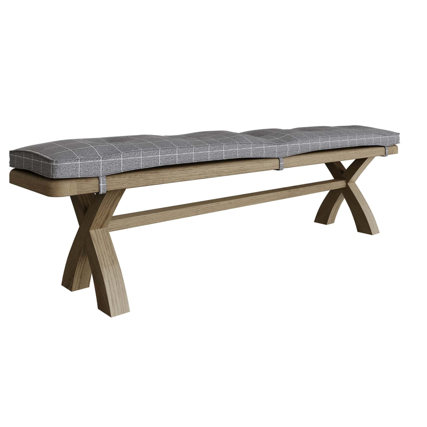 2m oak trestle dining bench with grey cushion on top