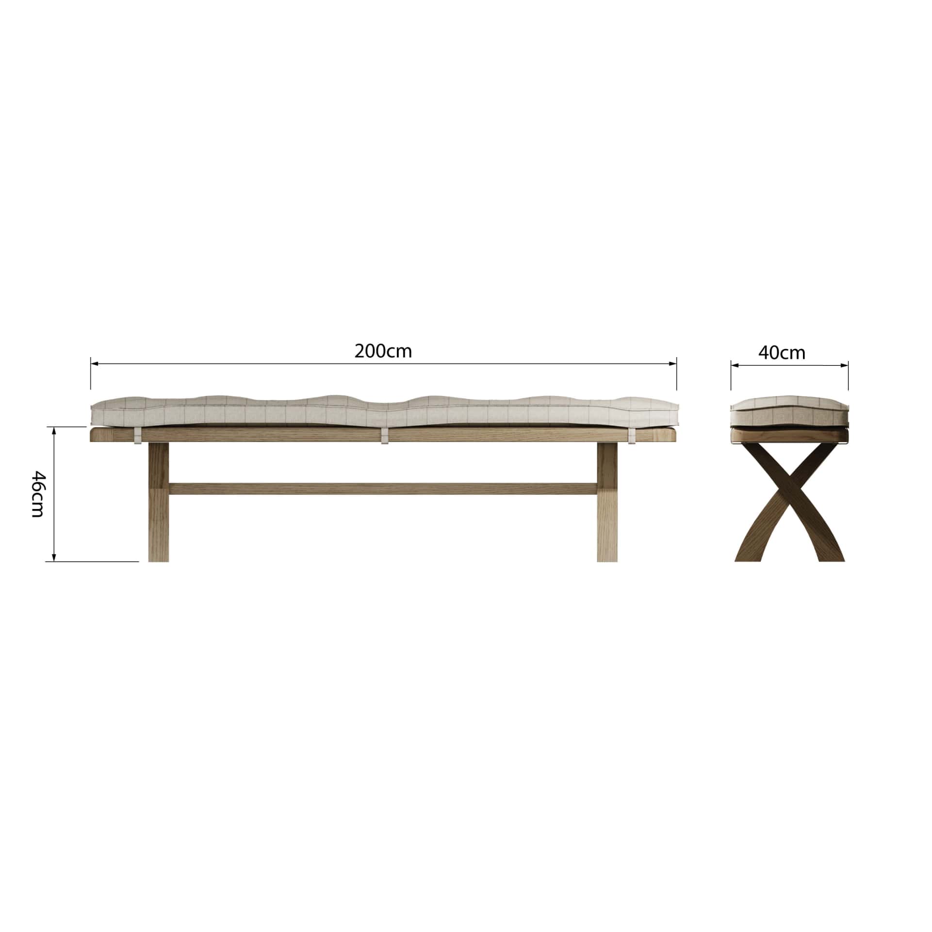 Cross leg dining bench with a beige cushion shown from both sides with dimension details