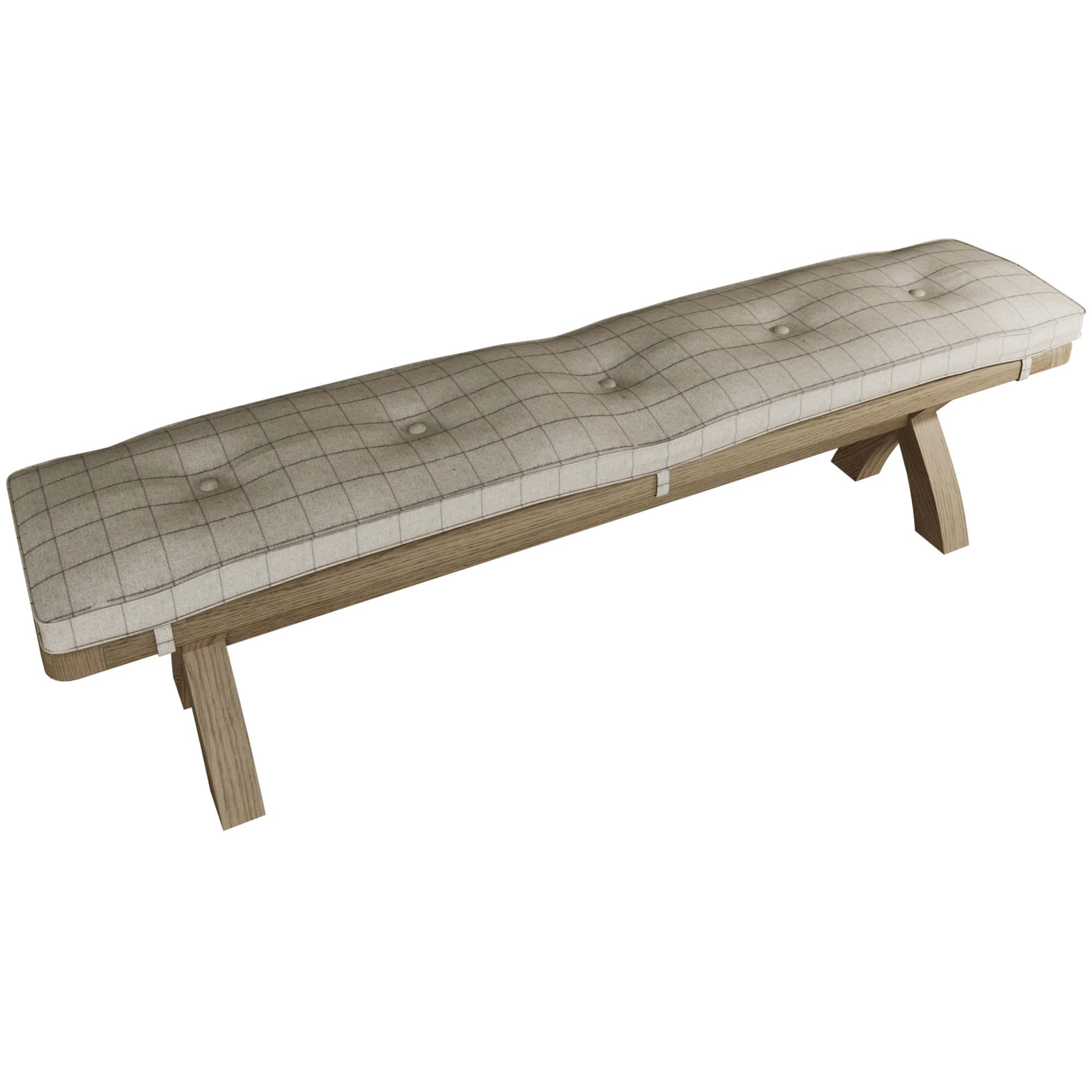 2m oak dining bench with beige cushion on top shown from above