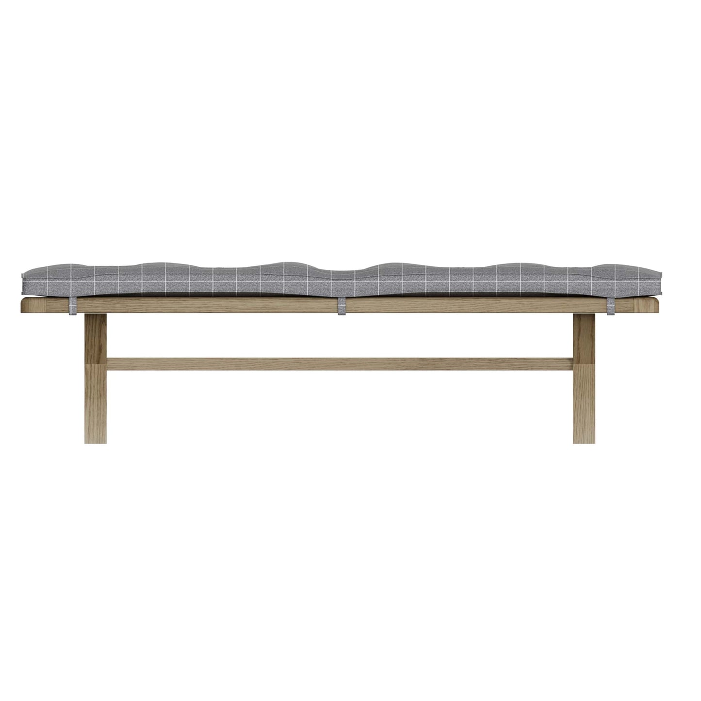 Front view of the oak dining bench with trestle legs and grey cushion on top. Extra support stretcher beam is visible