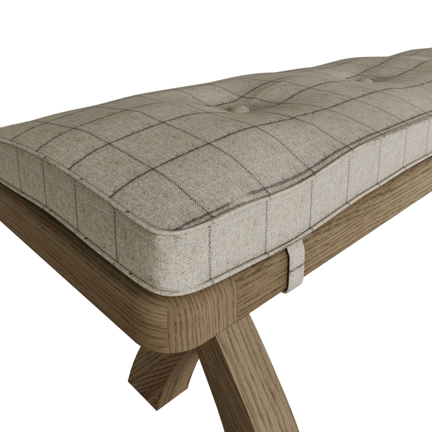 Close view on beige check wool tufted bench seat pad 