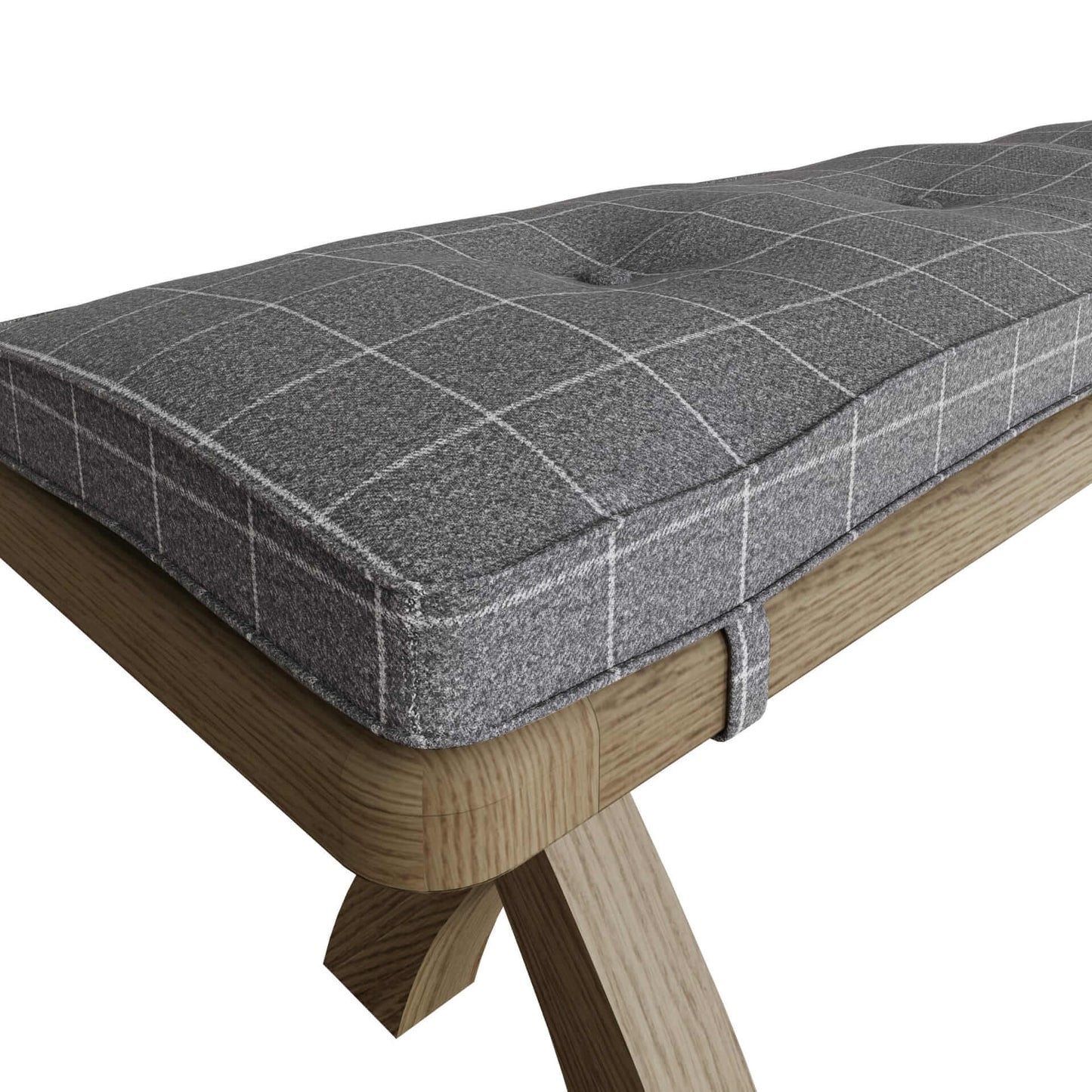 Close view on grey check wool tufted bench seat pad