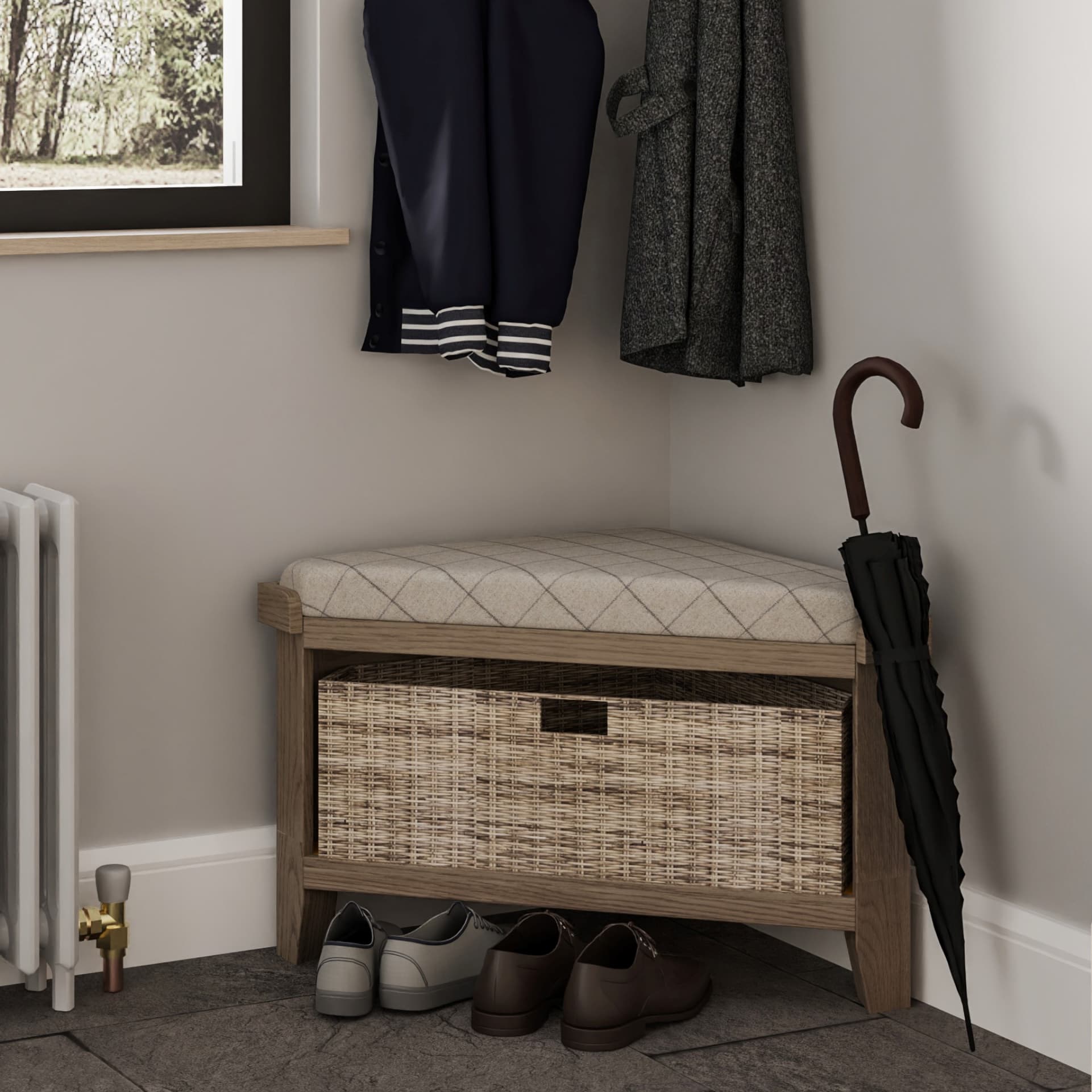 Oak corner hallway bench with storage and cushion seat is shown in a life setting