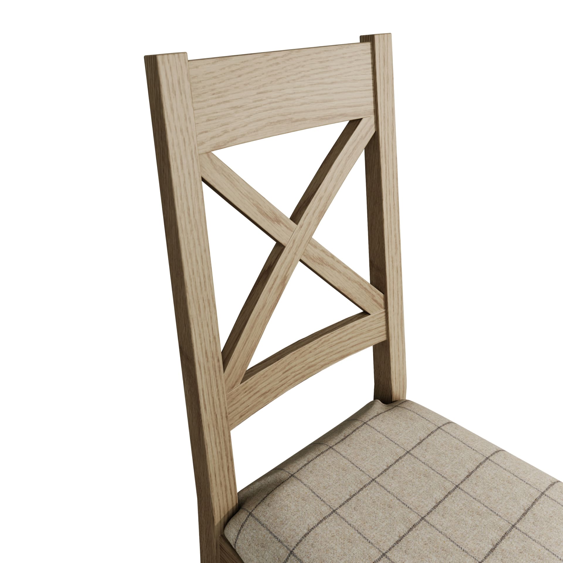 Close view on cross back wooden back structure of the dining chair