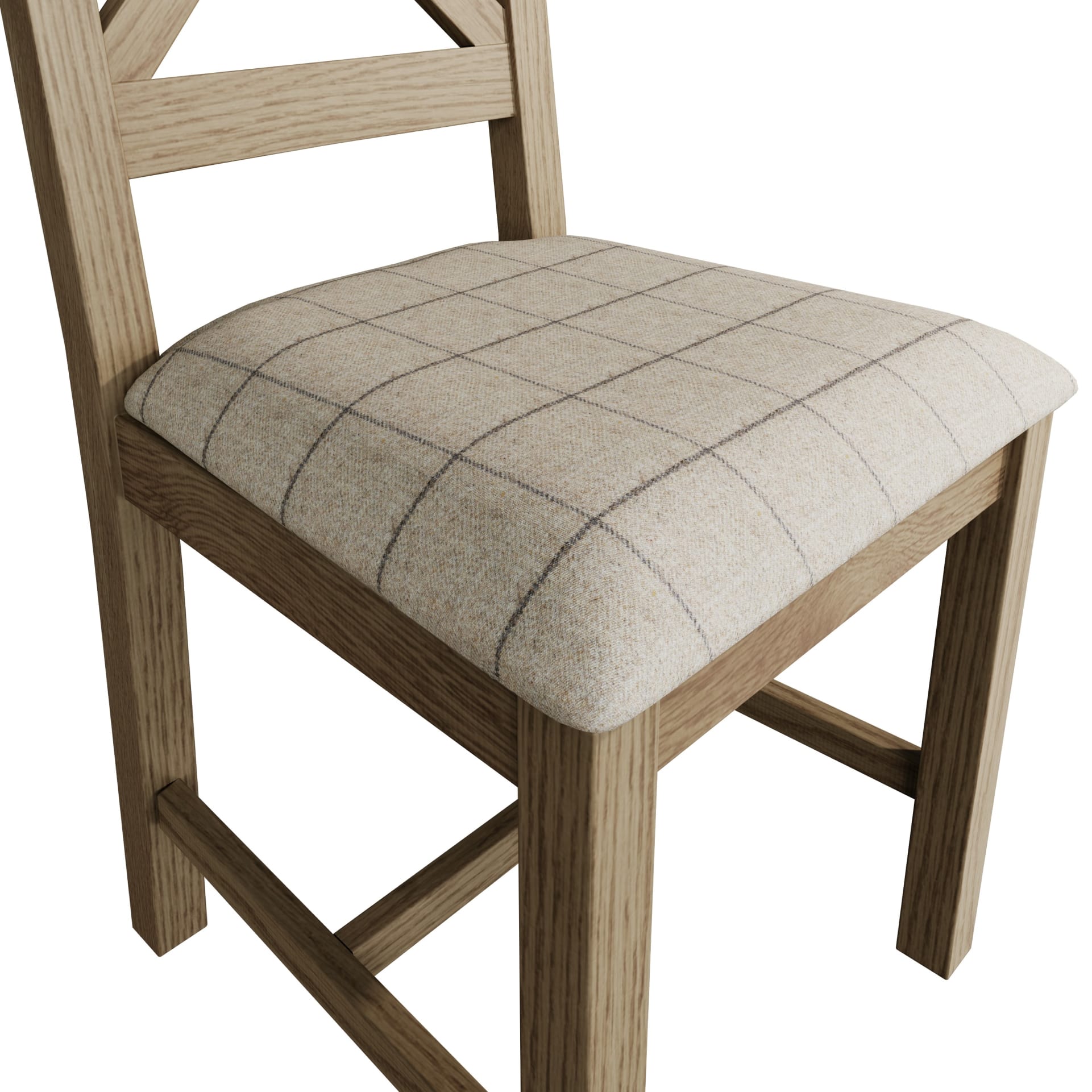 Close view on wool upholstered padded seat of a dining chair in beige check