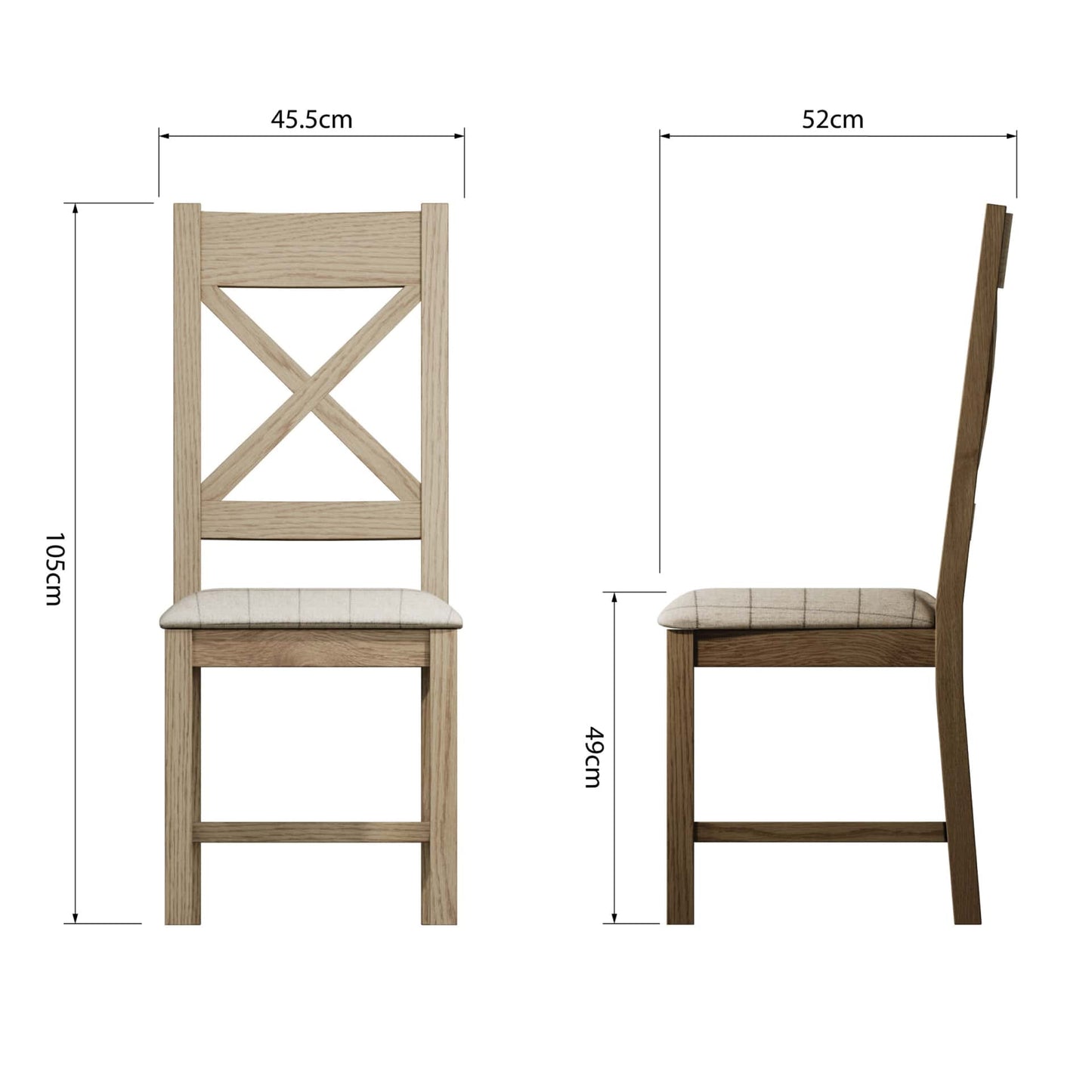 Wooden cross back dining chair with beige padded seat shown from front and side view with dimension details