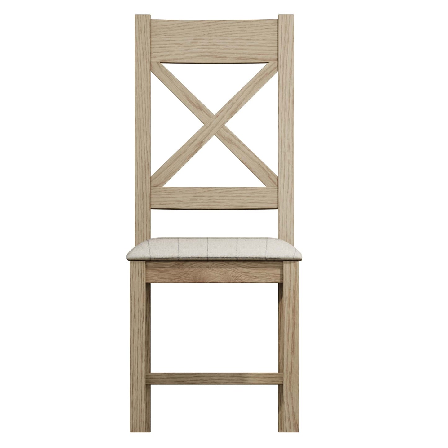 Front view on cross back dining chair with beige padded seat