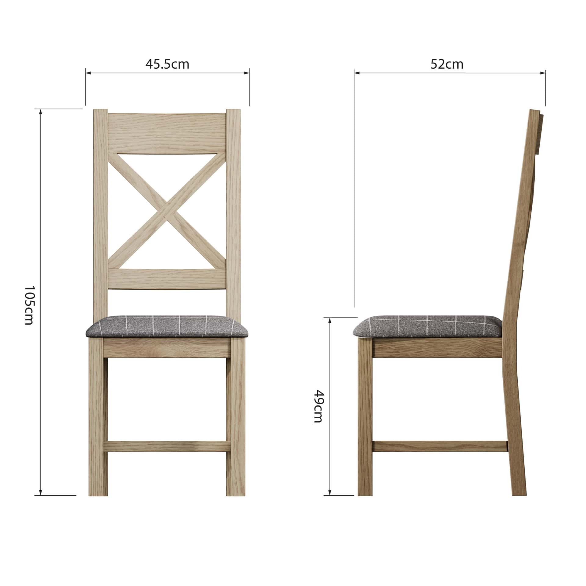 Wooden cross back dining chair with grey padded seat shown from front and side view with dimension details