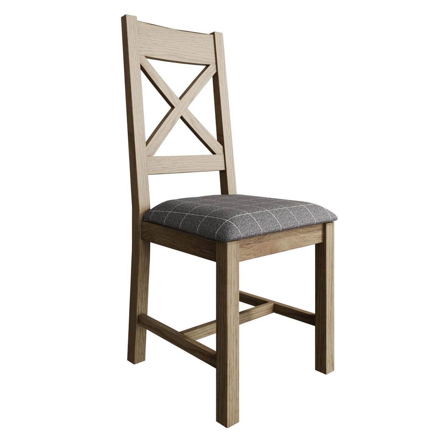 Oak cross back dining chair with grey padded seat. Product only view at an angle